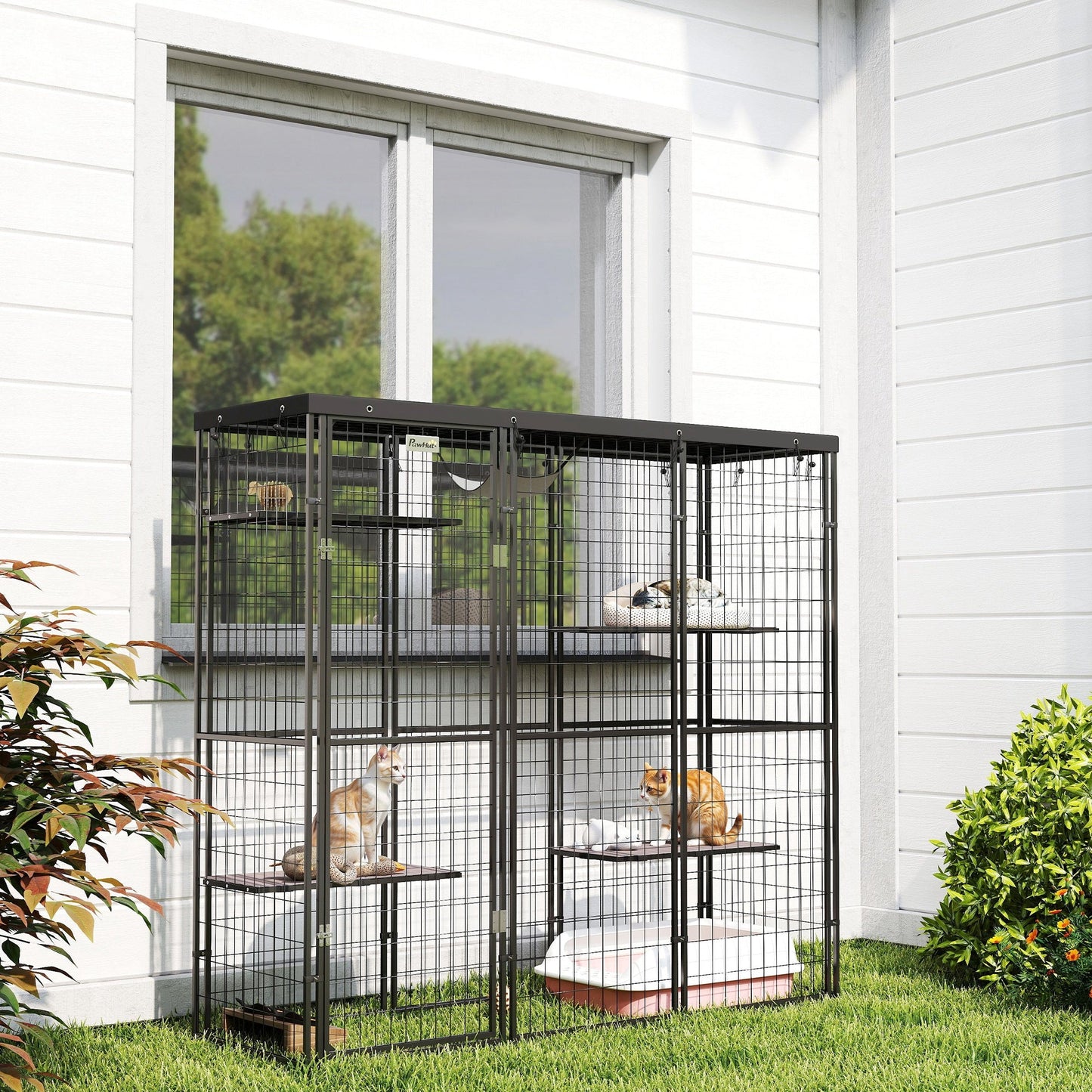 Catio Outdoor Cat Enclosure, Weld Wire Outdoor Cat House with Waterproof Cover, 4 Jumping Platforms, Hammock, Cat Cage Indoor for 1-3 Kittens, 69" x 22" x 62", Black