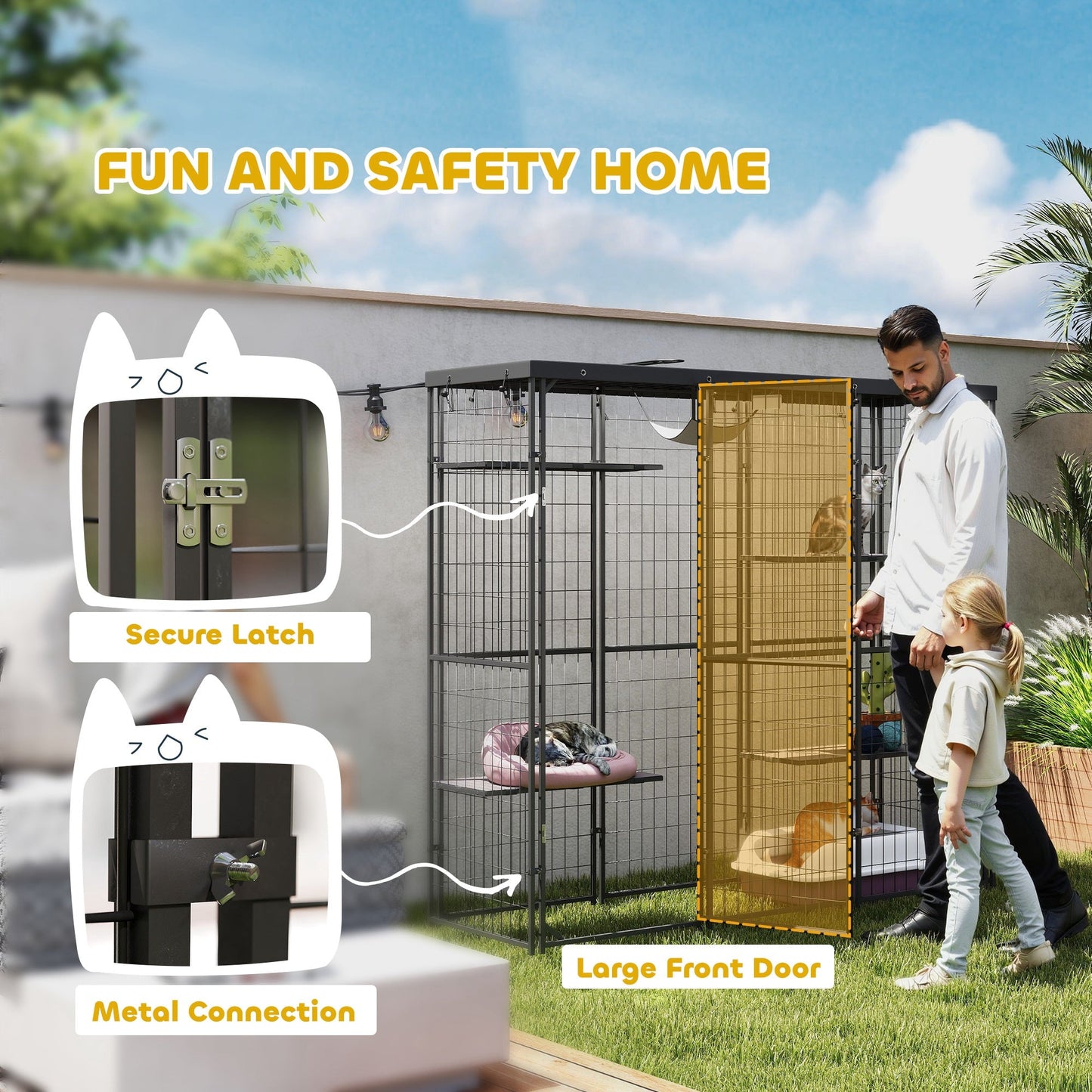 Catio Outdoor Cat Enclosure, Weld Wire Outdoor Cat House with Waterproof Cover, 4 Jumping Platforms, Hammock, Cat Cage Indoor for 1-3 Kittens, 69" x 22" x 62", Black