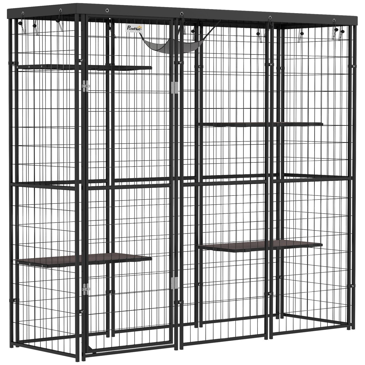 Catio Outdoor Cat Enclosure, Weld Wire Outdoor Cat House with Waterproof Cover, 4 Jumping Platforms, Hammock, Cat Cage Indoor for 1-3 Kittens, 69" x 22" x 62", Black