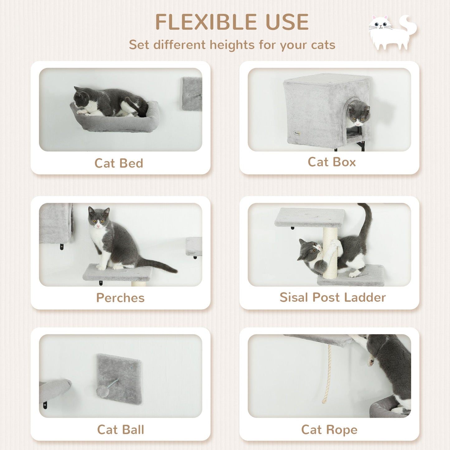 Cat Wall Shelves, 7PCs Cat Shelves with Perches, House, Sisal Post Ladder, Bed & Ball, Ceiling Wall Mounted Cat Climber, Grey