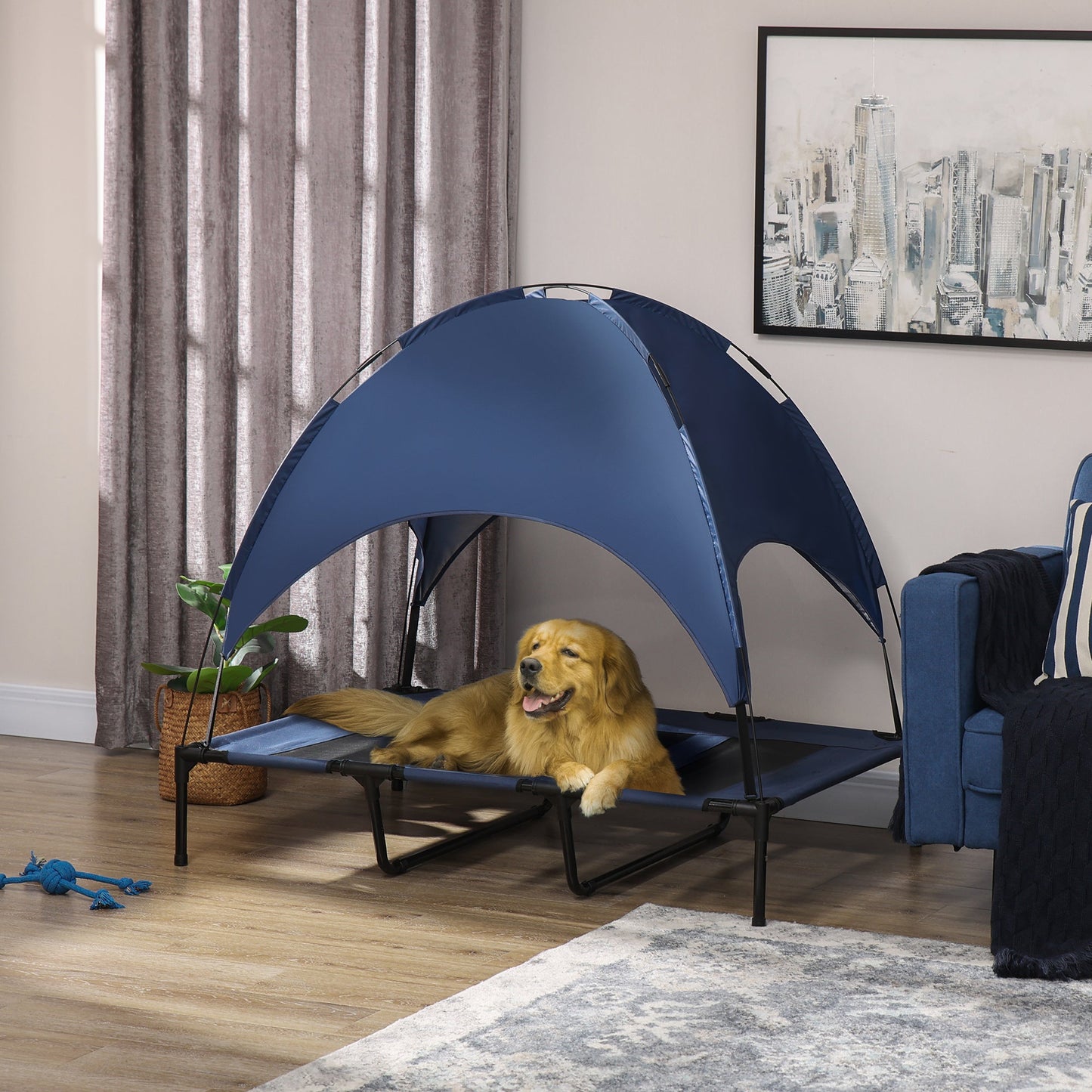Elevated Dog Bed with Canopy, Portable Raised Dog Cot for XL Sized Dogs, Indoor & Outdoor, 48" x 36" x 43", Dark Blue