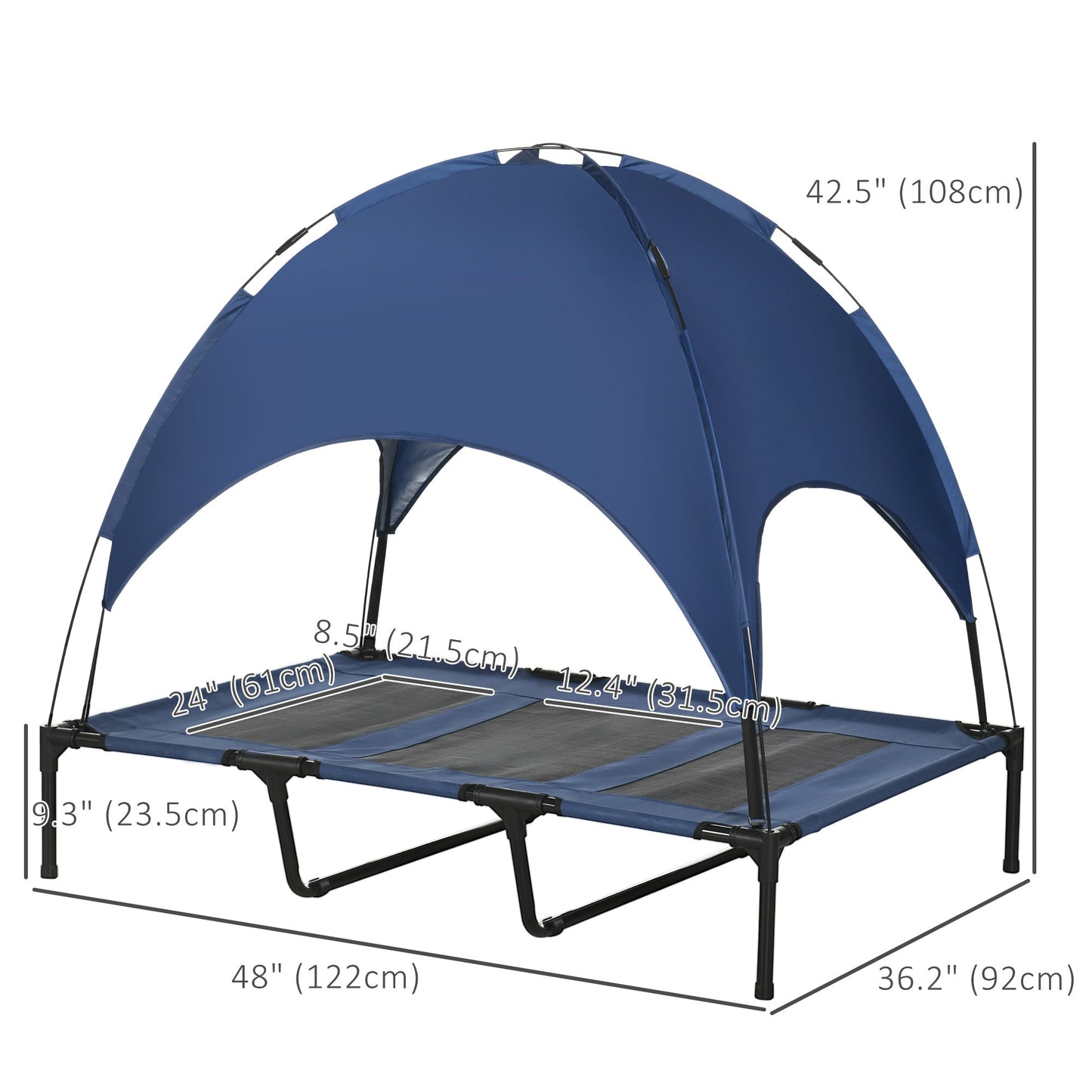 Elevated Dog Bed with Canopy, Portable Raised Dog Cot for XL Sized Dogs, Indoor & Outdoor, 48" x 36" x 43", Dark Blue