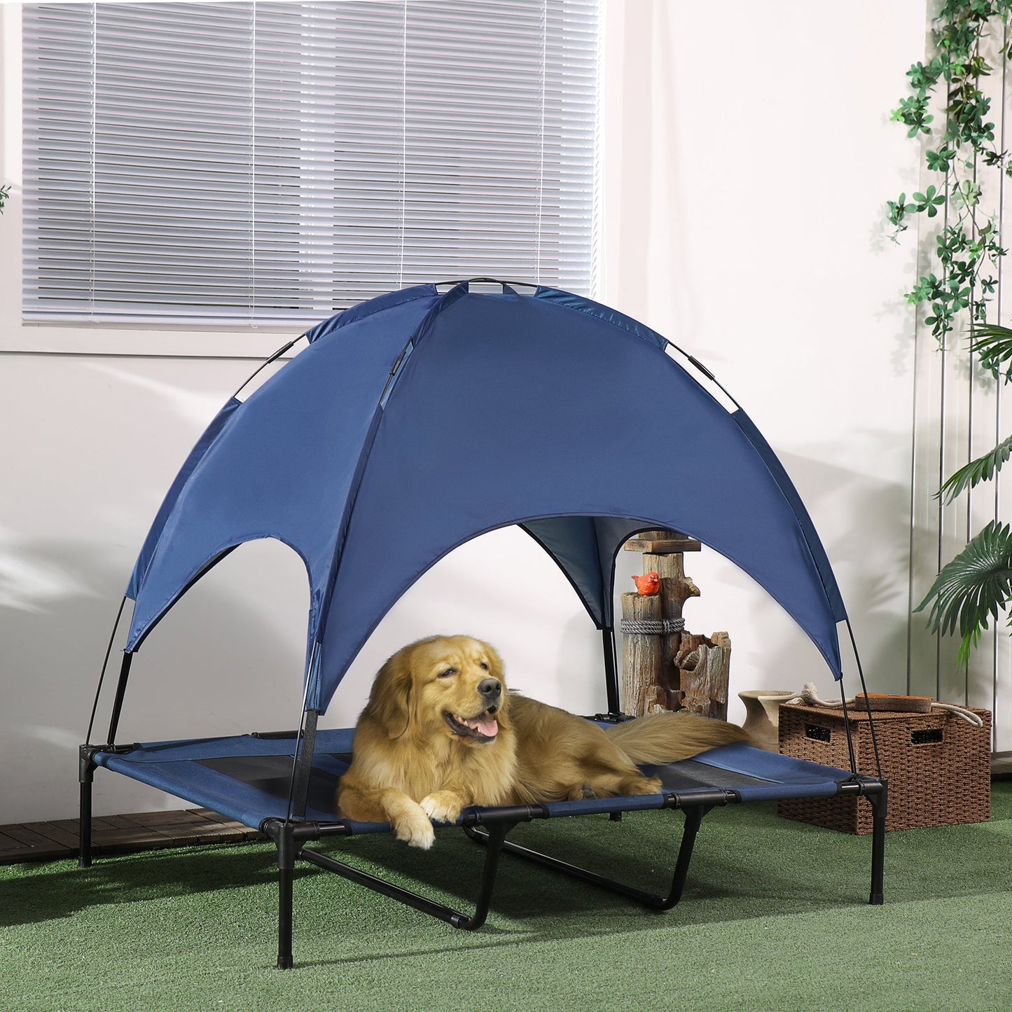 Elevated Dog Bed with Canopy, Portable Raised Dog Cot for XL Sized Dogs, Indoor & Outdoor, 48" x 36" x 43", Dark Blue