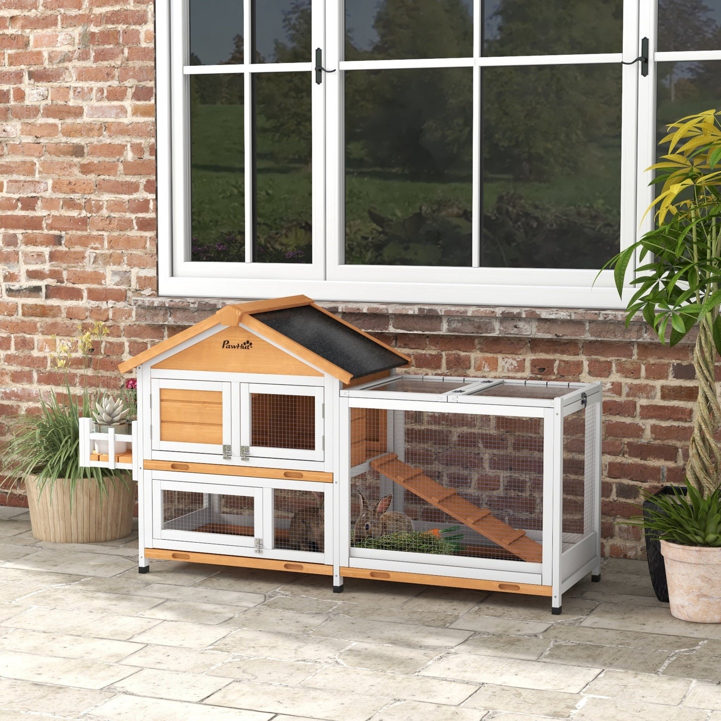 65" Wooden Rabbit Hutch, Pet Playpen with Openable Roof, Bunny House Enclosure with Storage Box, Slide-out Tray, Ramp, for Rabbits and Small Animals, Yellow