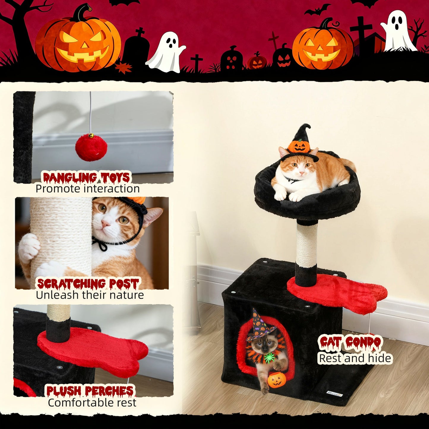 Gothic Cat Tree, 28" Cat Tower for Indoor Kittens with Plush Top Bed, Cozy Condo, Sisal Scratching Post, Perch, Dangling Ball, Red and Black