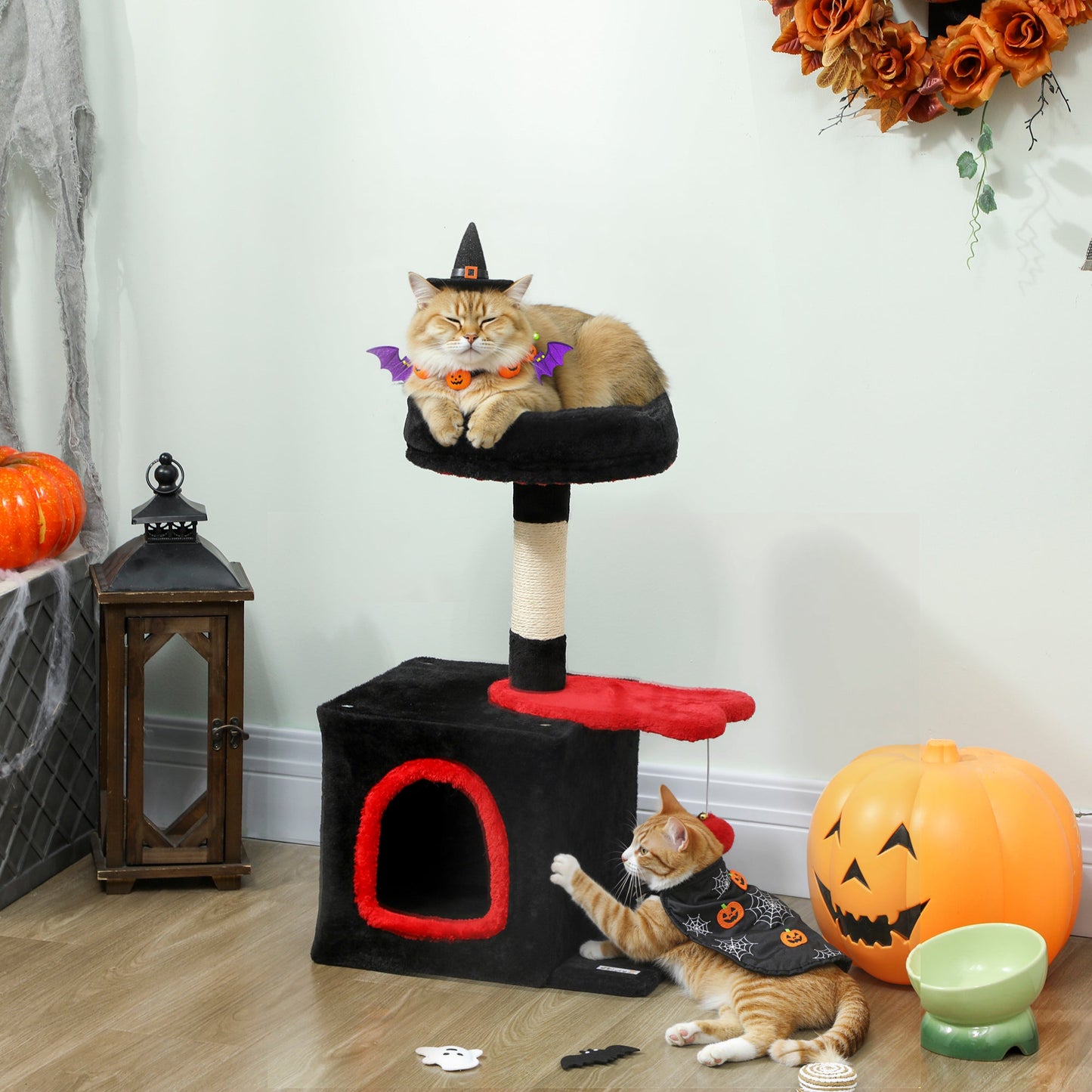 Gothic Cat Tree, 28" Cat Tower for Indoor Kittens with Plush Top Bed, Cozy Condo, Sisal Scratching Post, Perch, Dangling Ball, Red and Black