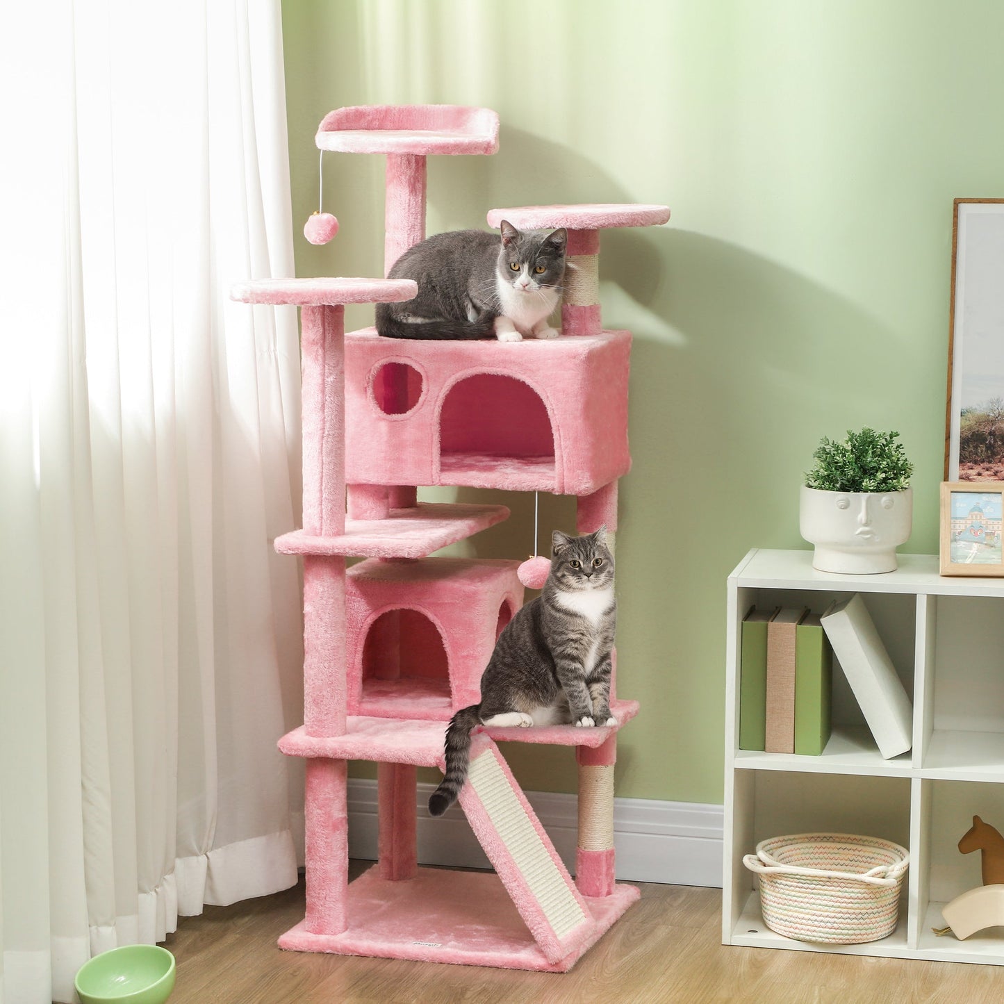 54" Cat Tree, Cat Tower for Indoor Cats with Scratching Posts, Cat Condos, Bed, Platforms, Ramp, Toy Ball, Cat Activity Center, Pink