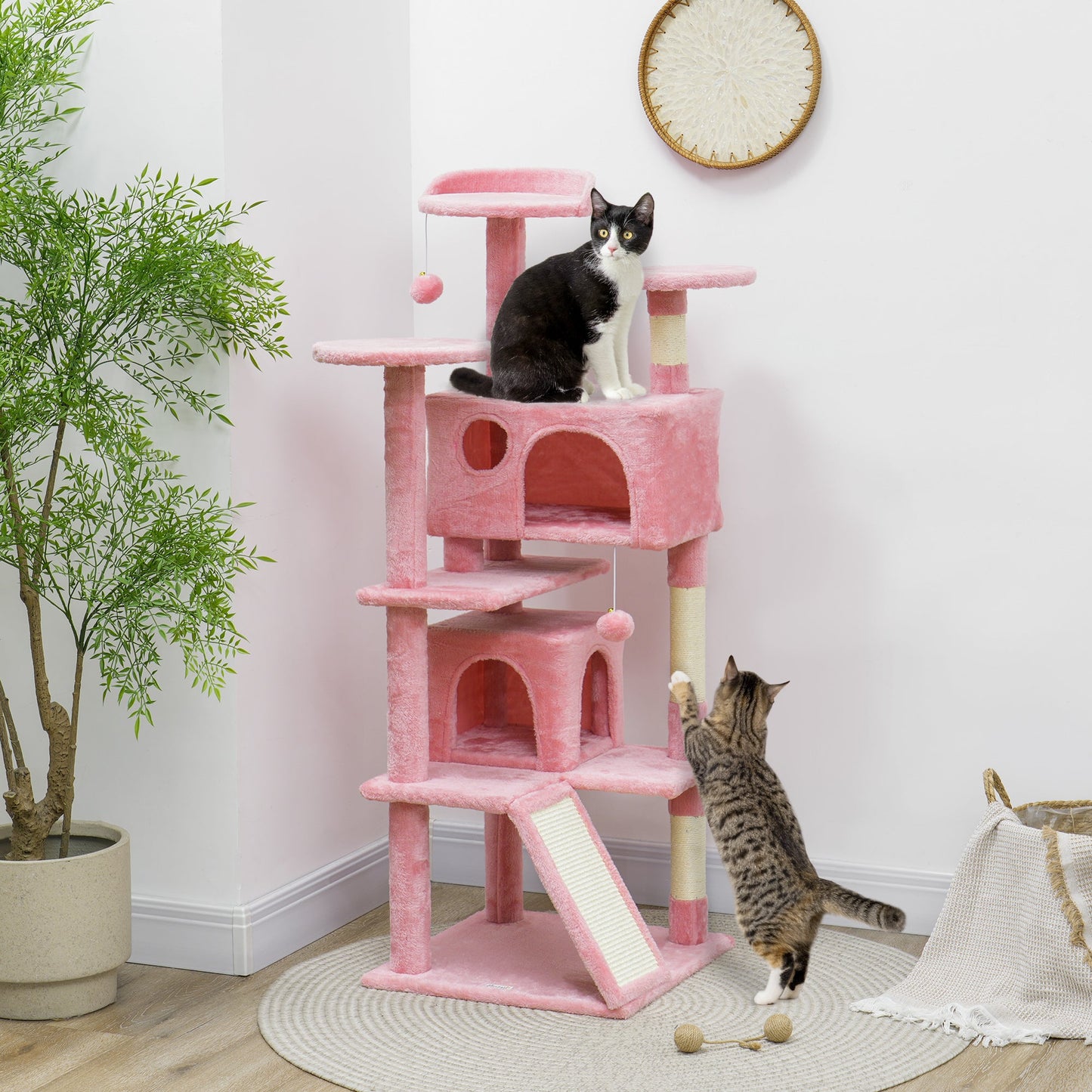 54" Cat Tree, Cat Tower for Indoor Cats with Scratching Posts, Cat Condos, Bed, Platforms, Ramp, Toy Ball, Cat Activity Center, Pink