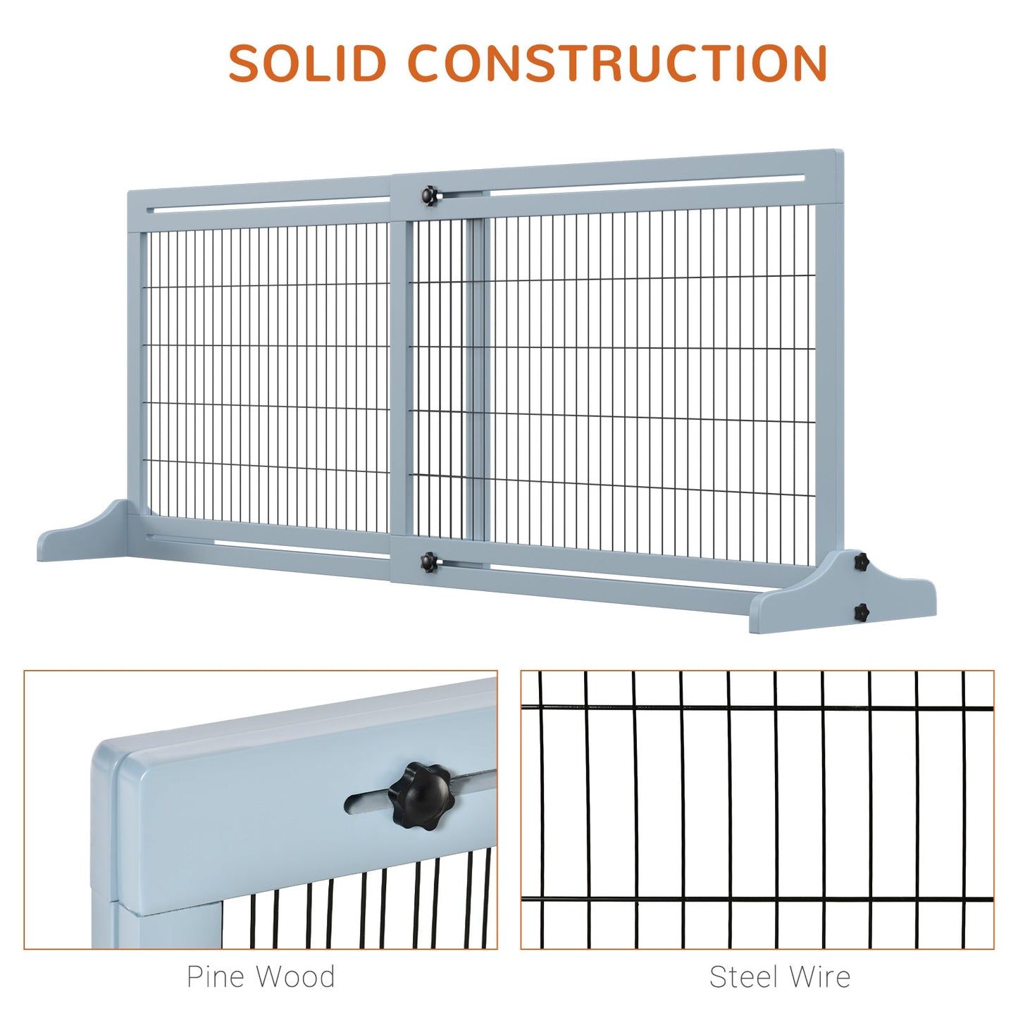 Free Standing Pet Gate, Wooden Foldable Dog Gate with 41"-72" Adjustable Length, Support Feet, Pet Barrier for Small Medium Dogs, for Stairway, Doorway, Hallway, Grey