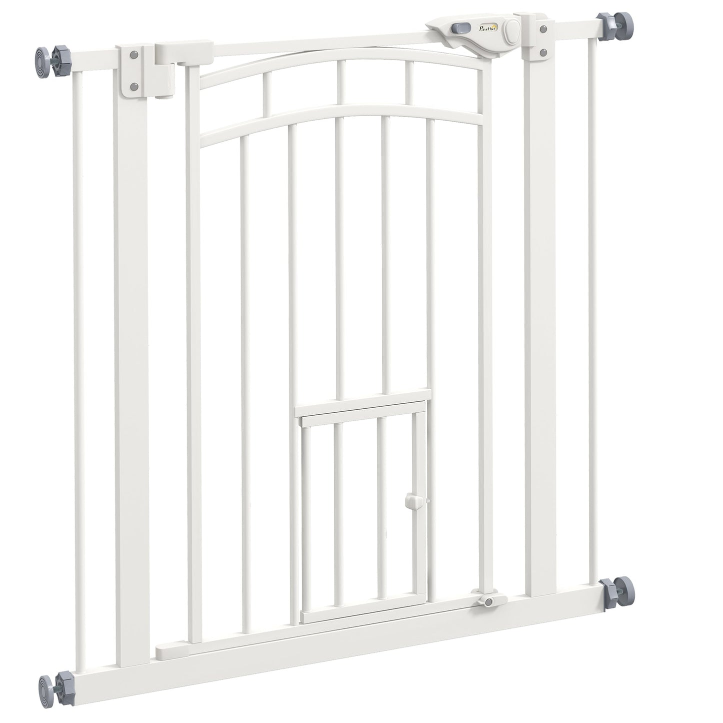 30"H Tall Dog Gate, Pet Gate with Cat Door, Auto-Close Pressure-Mounted Steel Safety Gate Barrier, Double Locking for Doorways Hallways Stairs, Fits 29"-31.5"W, White