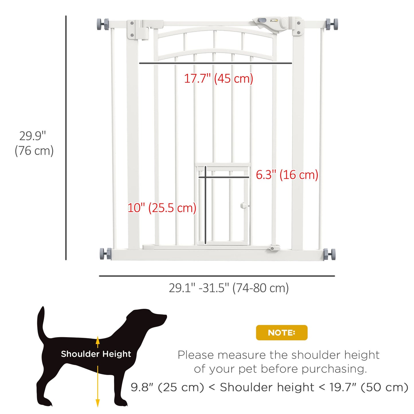 30"H Tall Dog Gate, Pet Gate with Cat Door, Auto-Close Pressure-Mounted Steel Safety Gate Barrier, Double Locking for Doorways Hallways Stairs, Fits 29"-31.5"W, White