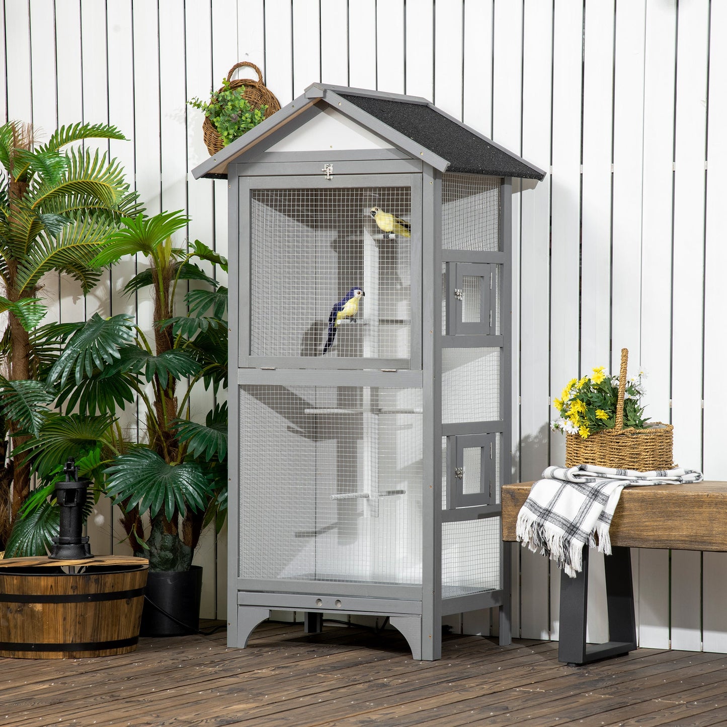 Wooden Bird Aviary Parrot Cage Pet Furniture Large Outdoor Play House with Removable Bottom Tray, 2 Doors, Asphalt Roof, 4 Perches, Light Grey
