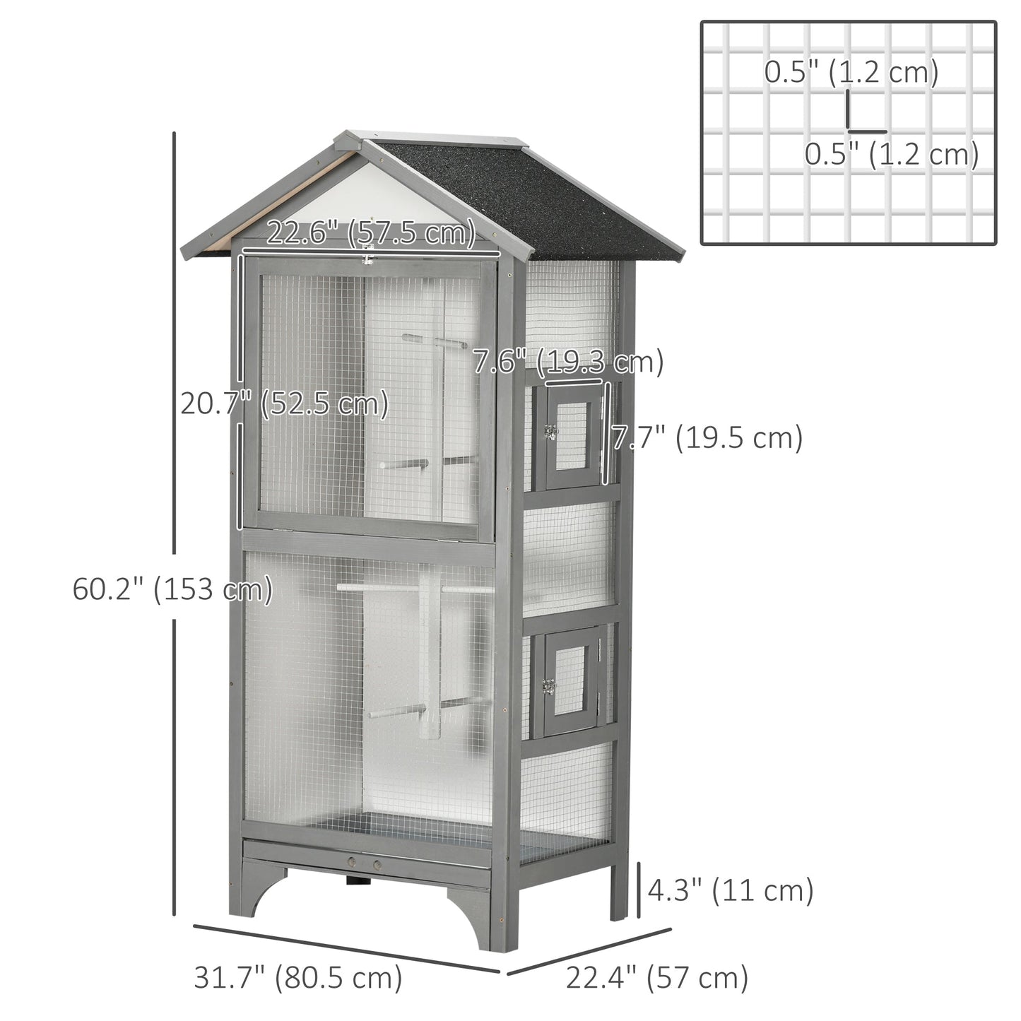 Wooden Bird Aviary Parrot Cage Pet Furniture Large Outdoor Play House with Removable Bottom Tray, 2 Doors, Asphalt Roof, 4 Perches, Light Grey