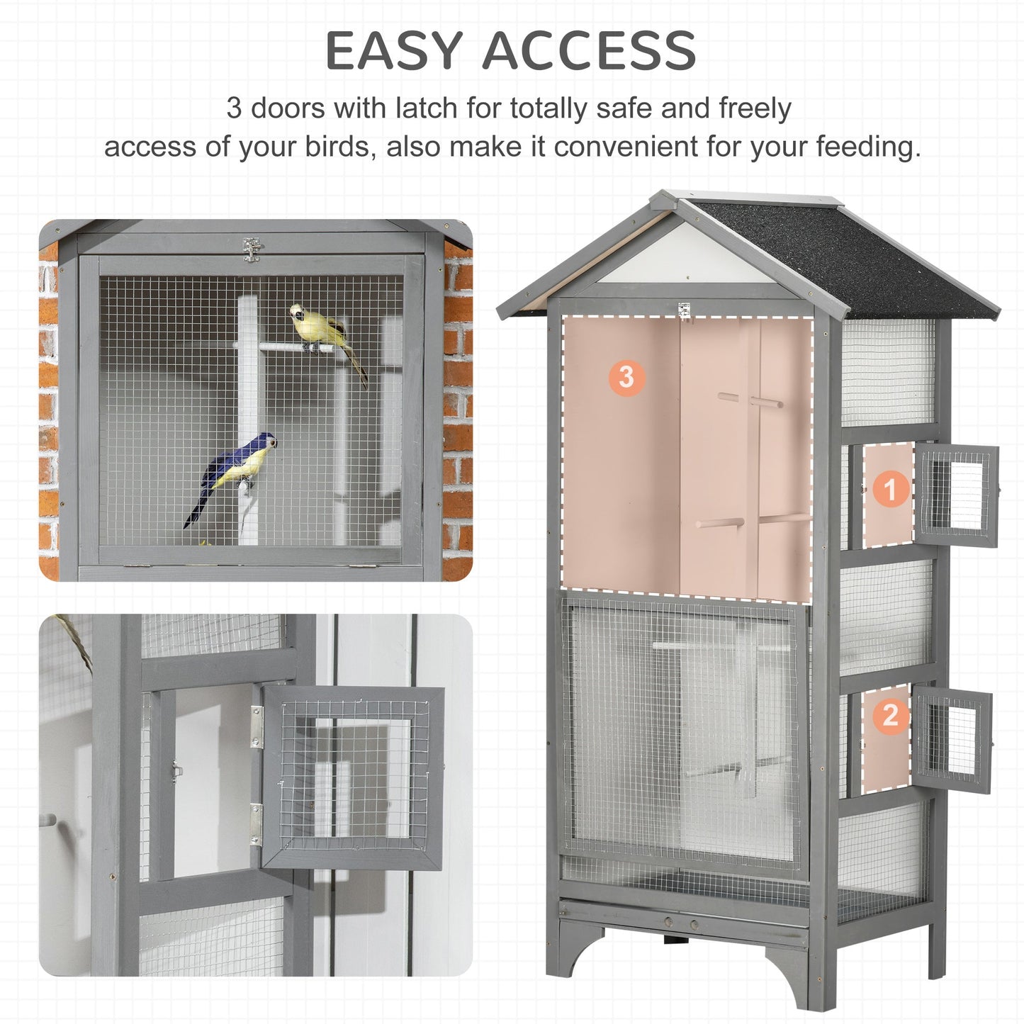 Wooden Bird Aviary Parrot Cage Pet Furniture Large Outdoor Play House with Removable Bottom Tray, 2 Doors, Asphalt Roof, 4 Perches, Light Grey