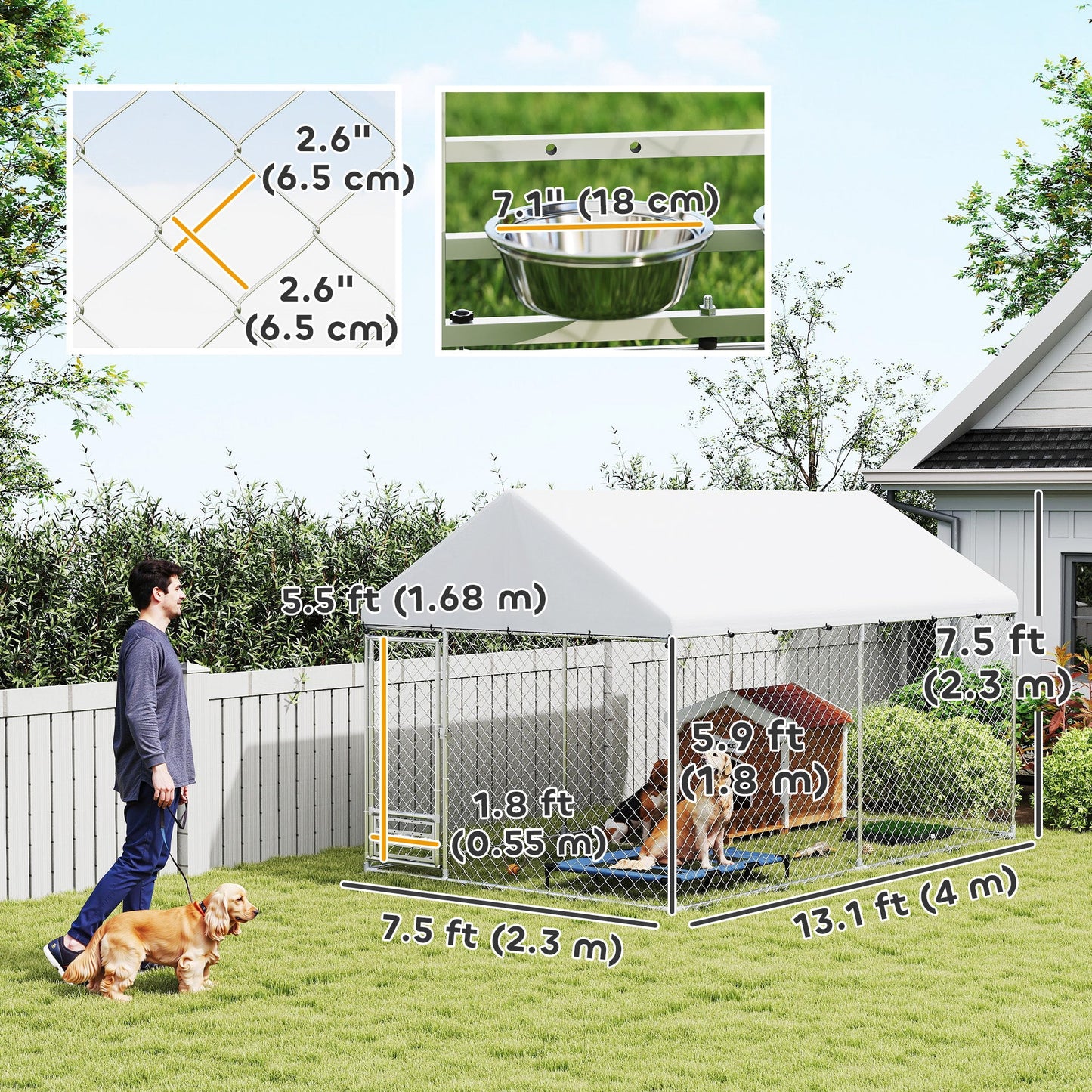 Outdoor Dog Kennel with Roof, Heavy Duty Dog Run Outdoor Fence Cage with Adjustable & Rotating Bowls, Waterproof UV-Resistant Cover, Secure Lock, 13.1' x 7.5' x 7.5'