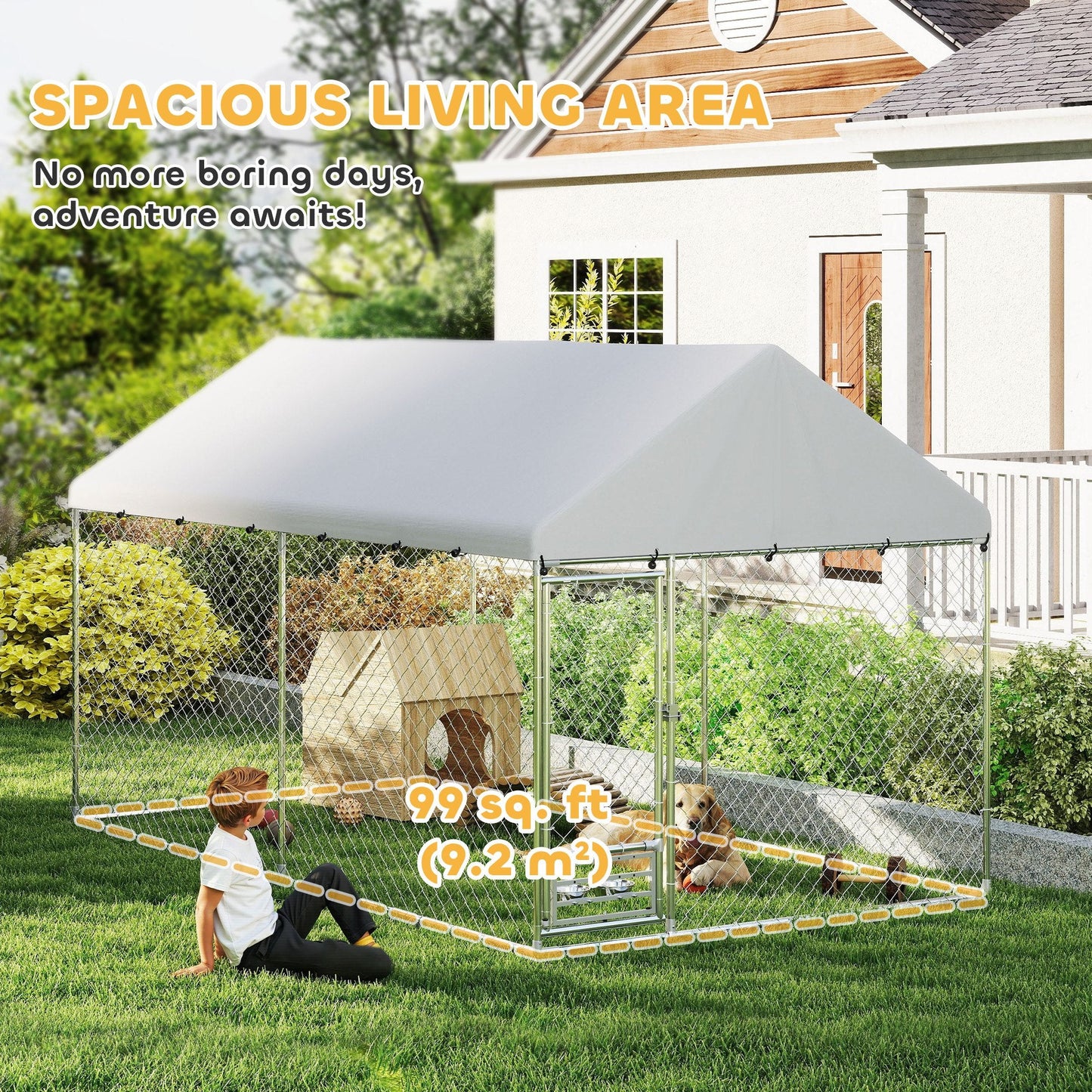 Outdoor Dog Kennel with Roof, Heavy Duty Dog Run Outdoor Fence Cage with Adjustable & Rotating Bowls, Waterproof UV-Resistant Cover, Secure Lock, 13.1' x 7.5' x 7.5'