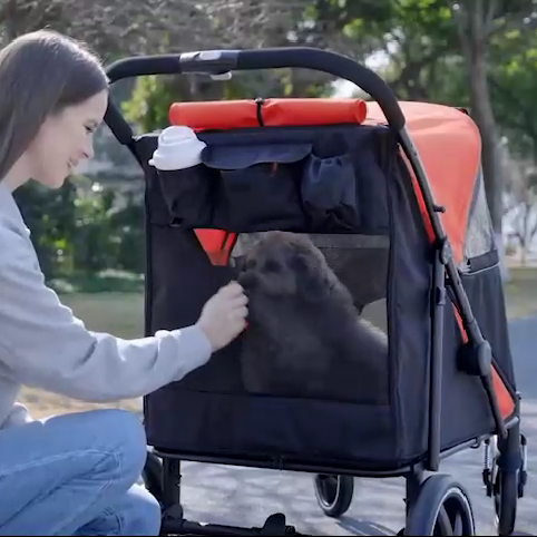 Pet Stroller with Storage Bags, Shock Absorber & One-Click Fold for Large/Medium Dogs, Red