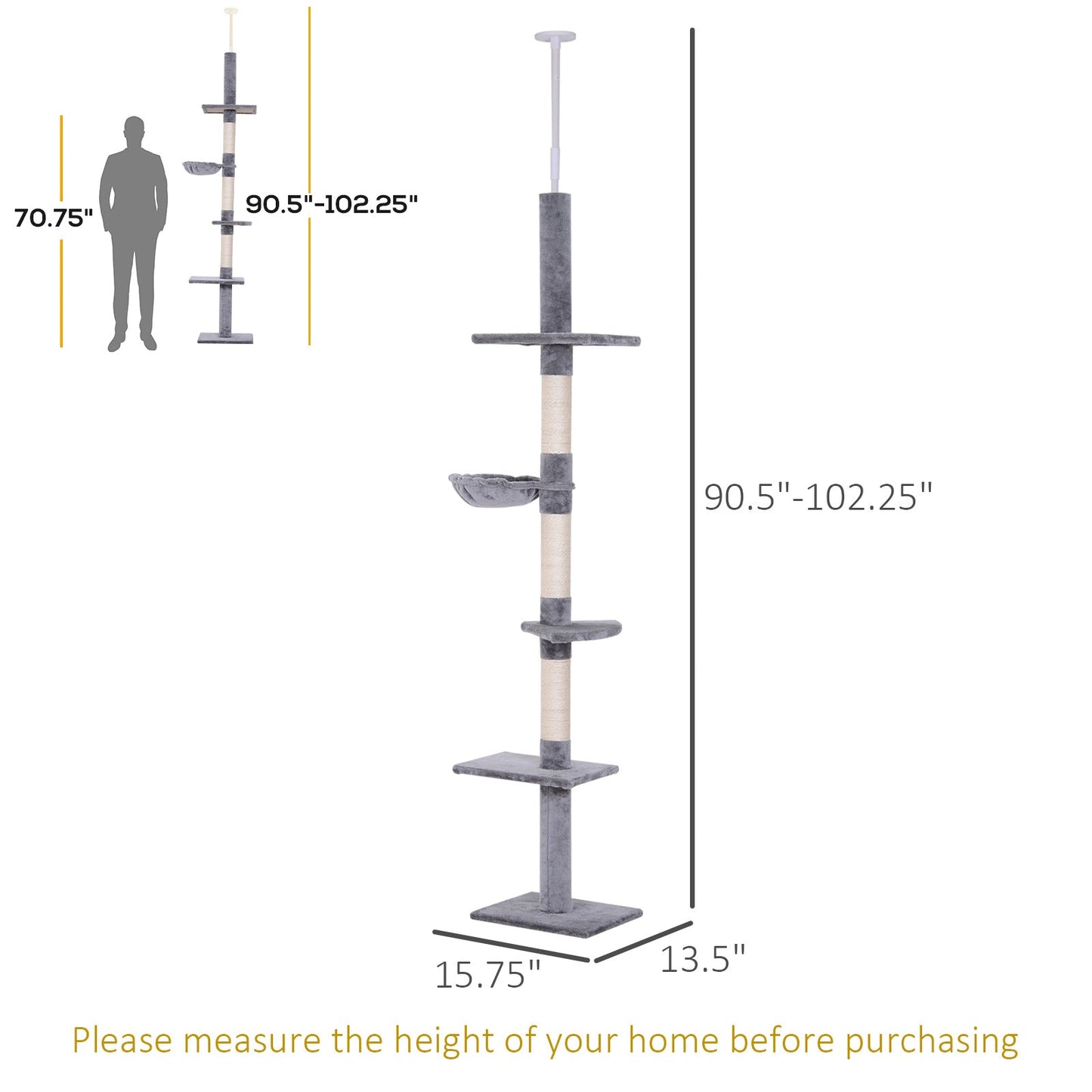 8.5ft Cat Climbing Tree 5-Tier Kitty Activity Center Floor-to-Ceiling Cat Climber Toy with Scratching Post Play Rest Post Pet Furniture Grey