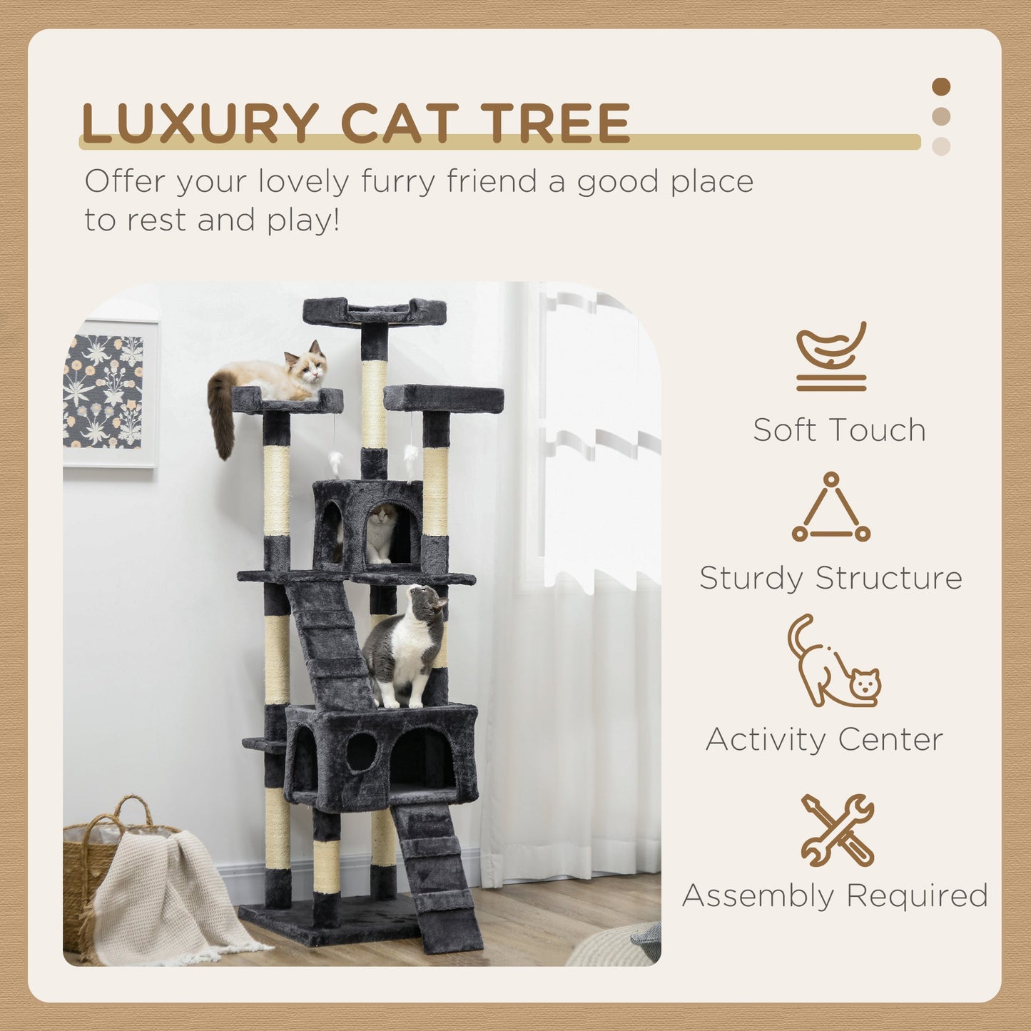 68 inches Cat Tree, Multi-Level Large Cat Tower Condo with Scratching Posts, Perches, Cat Houses, Dangling Toy, Charcoal Grey