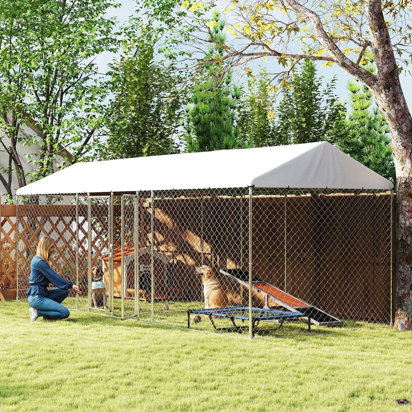 Outdoor Dog Kennel with Two Rooms, Heavy Duty Dog Run Outdoor Fence Cage with Waterproof UV-Resistant Cover, Escape-Proof Lock, 19.7' x 7.5' x 7.5'