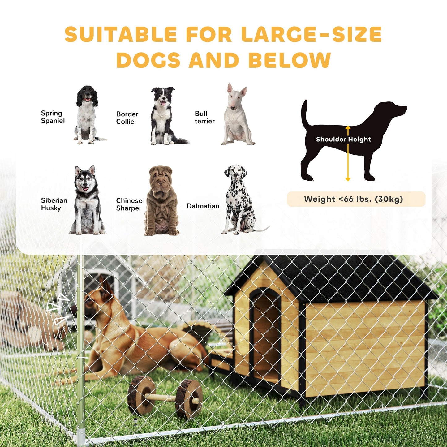 Outdoor Dog Kennel with Two Rooms, Heavy Duty Dog Run Outdoor Fence Cage with Waterproof UV-Resistant Cover, Escape-Proof Lock, 19.7' x 7.5' x 7.5'