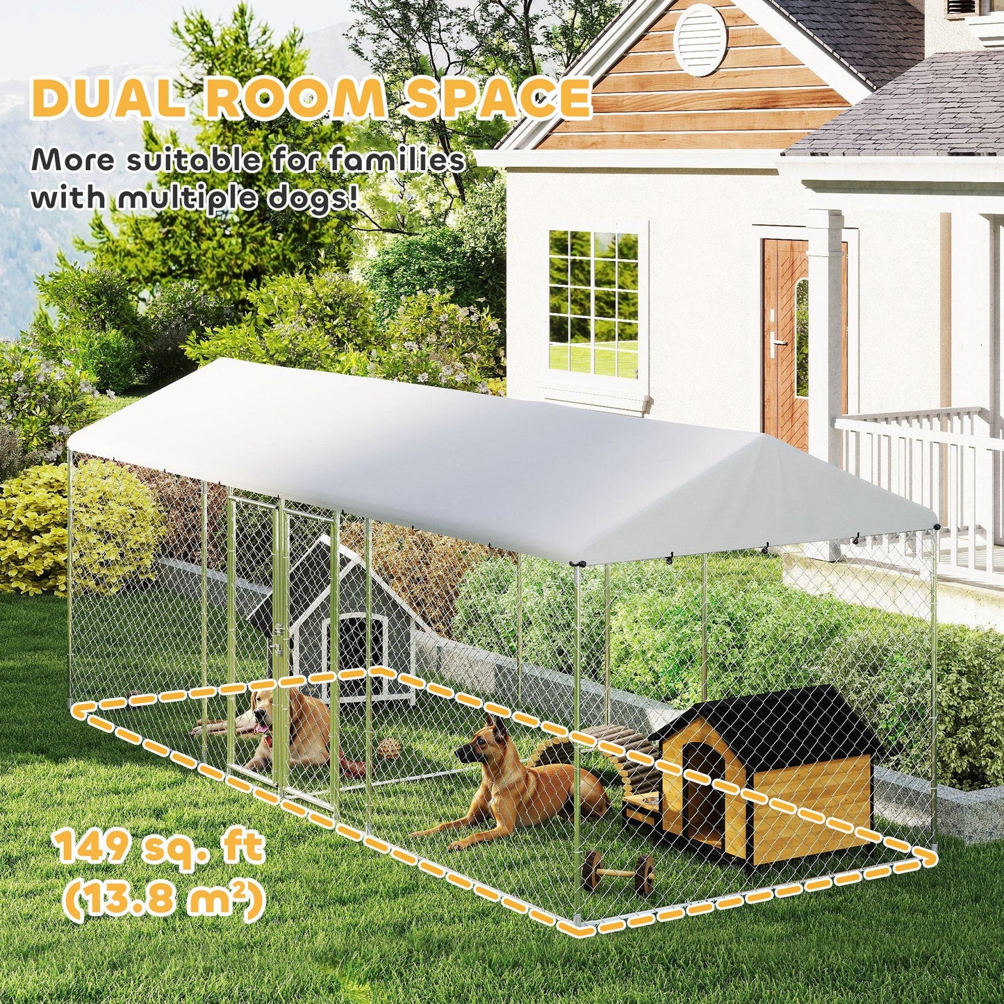 Outdoor Dog Kennel with Two Rooms, Heavy Duty Dog Run Outdoor Fence Cage with Waterproof UV-Resistant Cover, Escape-Proof Lock, 19.7' x 7.5' x 7.5'