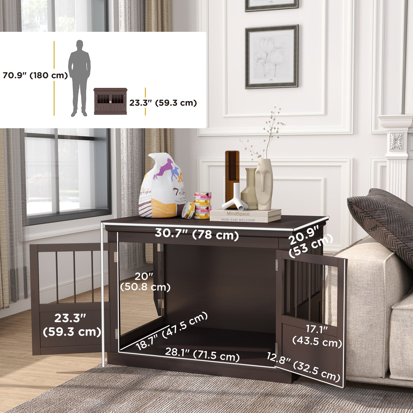 Dog Crate Furniture, 31" Dog Kennel Side End Table with Three Doors, Indoor Dog Cage for Small Dogs, Coffee
