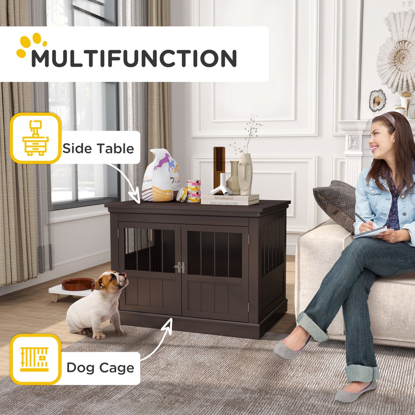 Dog Crate Furniture, 31" Dog Kennel Side End Table with Three Doors, Indoor Dog Cage for Small Dogs, Coffee
