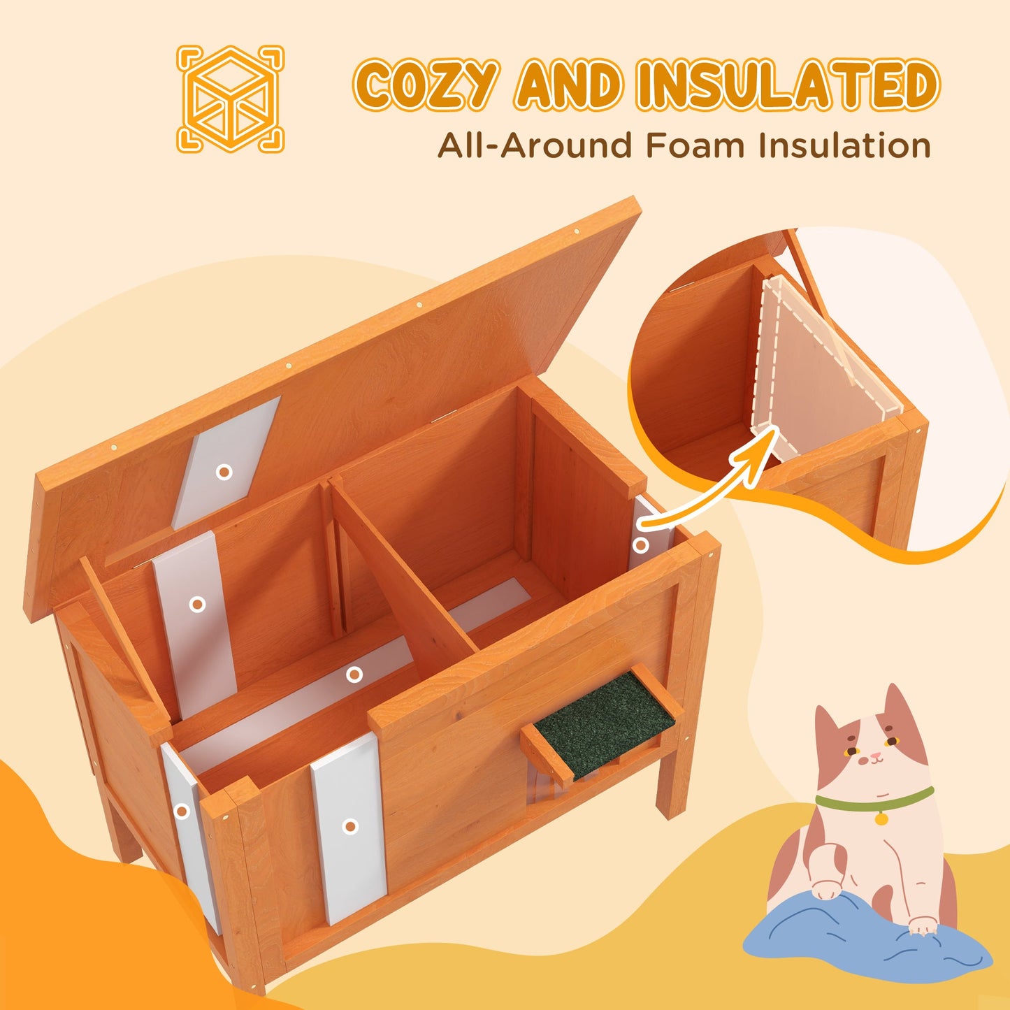 Outdoor Cat House, Wooden Insulated Cat Shelter with Asphalt Roof, Removable Floor, Foam, for Cats, Small Animals, Orange