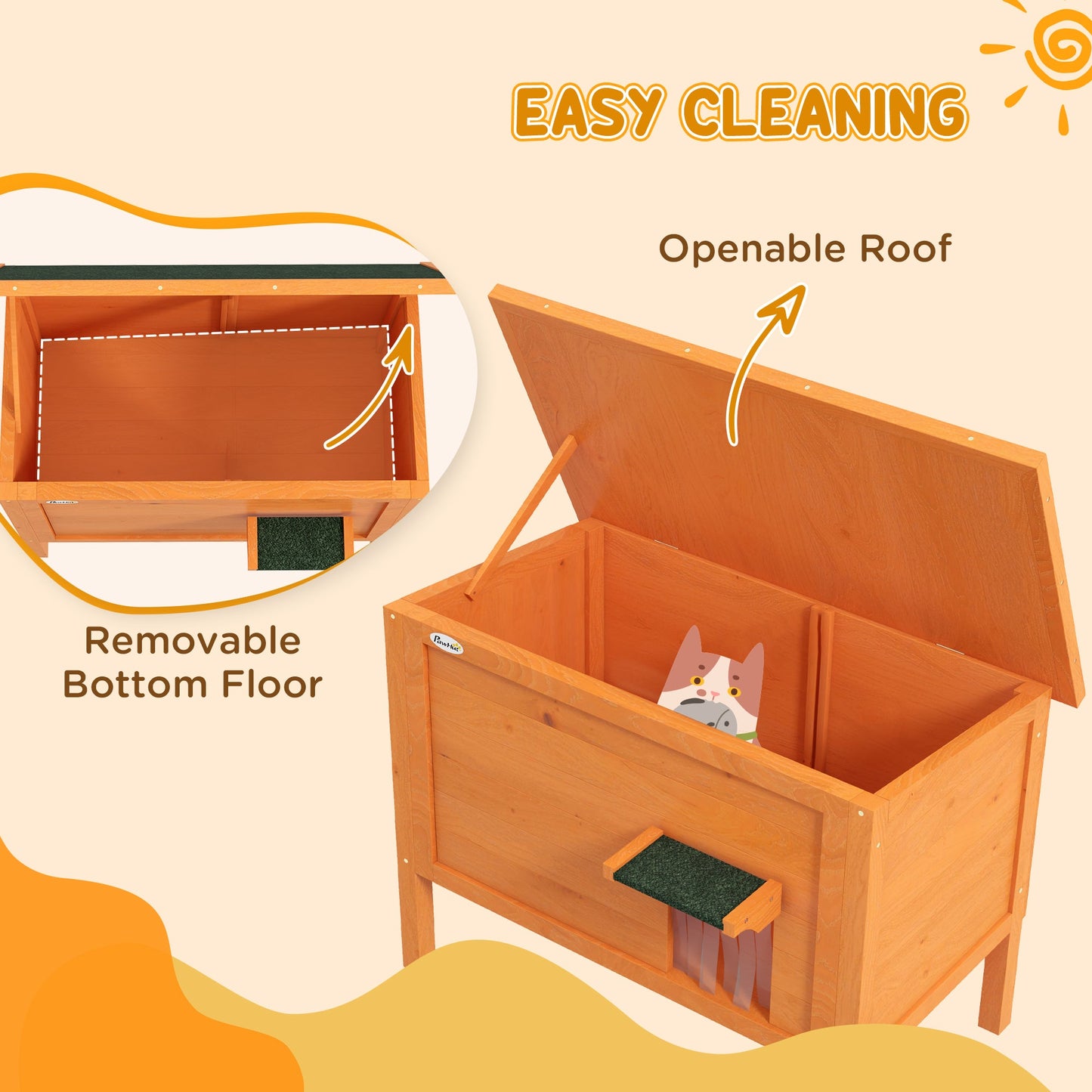 Outdoor Cat House, Wooden Insulated Cat Shelter with Asphalt Roof, Removable Floor, Foam, for Cats, Small Animals, Orange