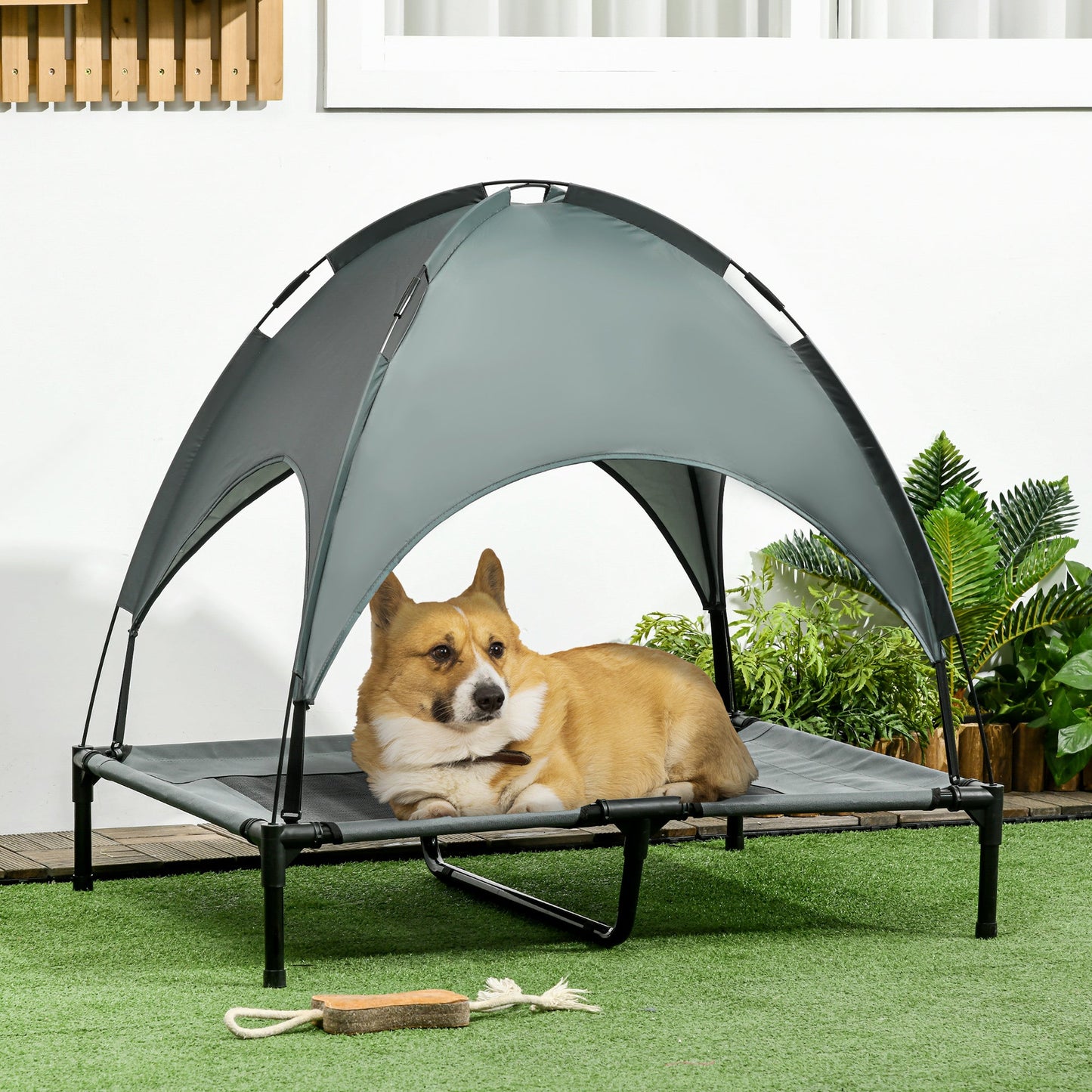 Elevated Dog Bed with Canopy, Portable Raised Dog Cot for L Sized Dogs, Indoor & Outdoor, 36" x 30" x 35", Grey