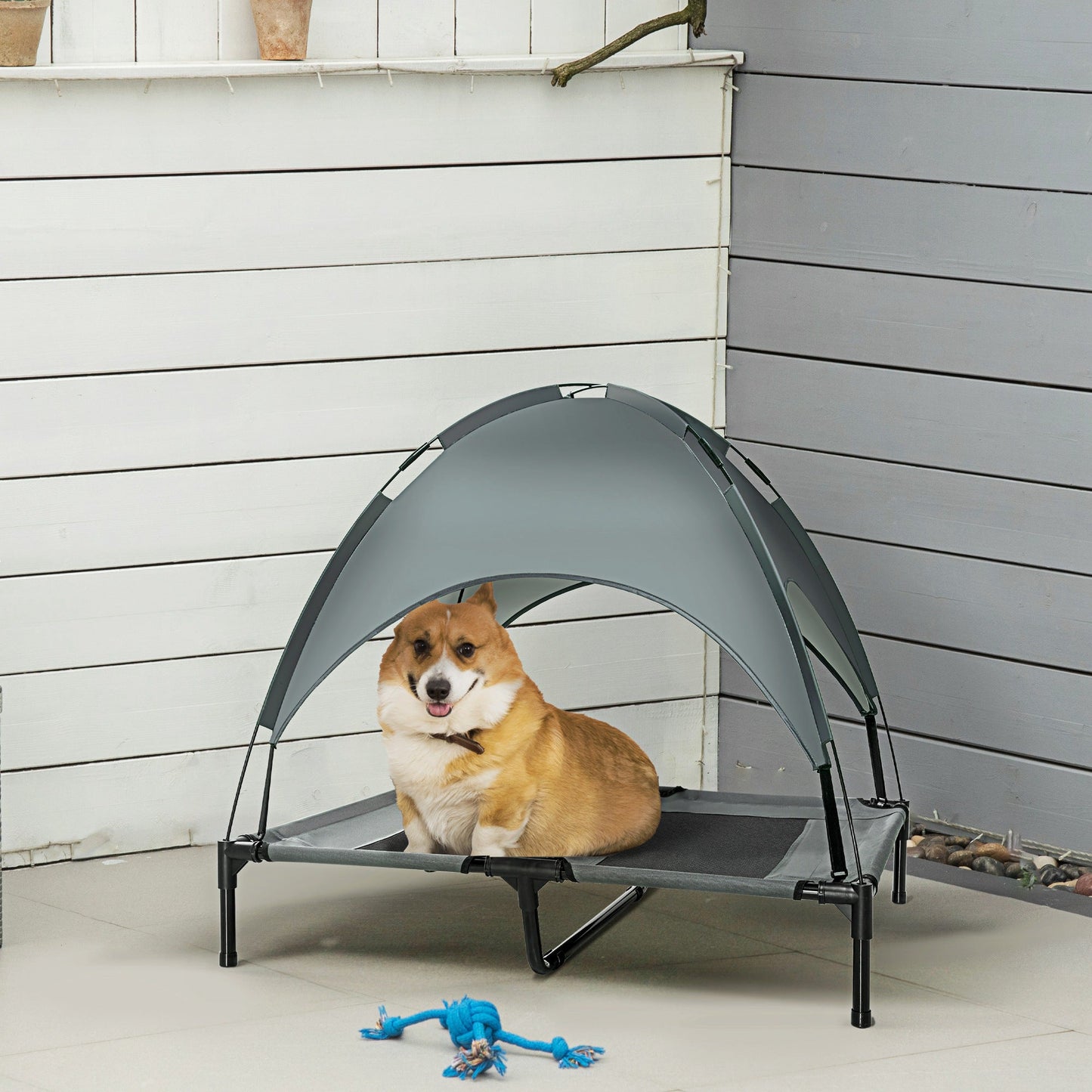 Elevated Dog Bed with Canopy, Portable Raised Dog Cot for L Sized Dogs, Indoor & Outdoor, 36" x 30" x 35", Grey