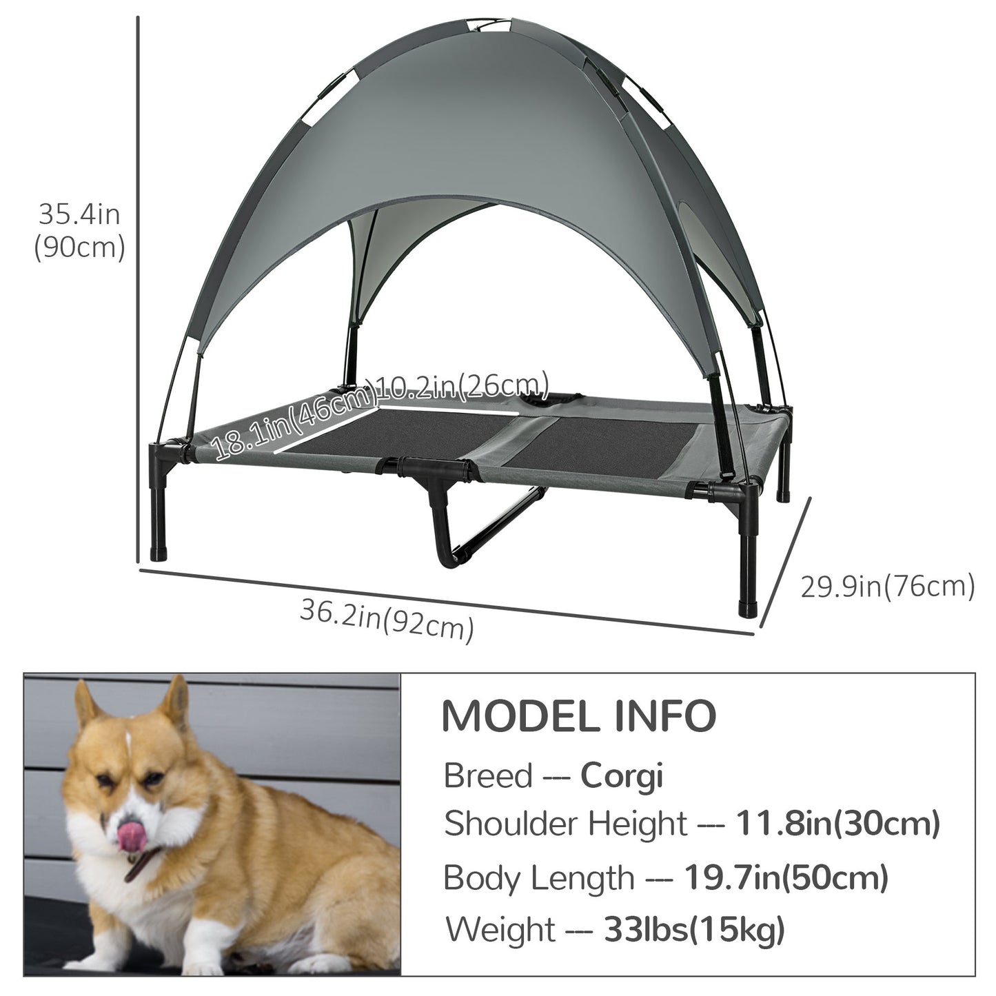 Elevated Dog Bed with Canopy, Portable Raised Dog Cot for L Sized Dogs, Indoor & Outdoor, 36" x 30" x 35", Grey