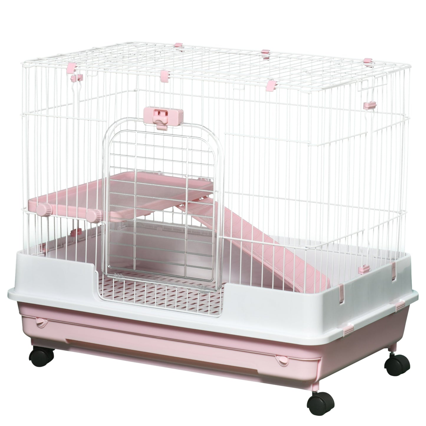 27"H 2-Level Small Animal Cage Rabbit Hutch with Universal Lockable Wheels, Slide-out Tray for Bunny, Chinchillas, Ferret, Pink