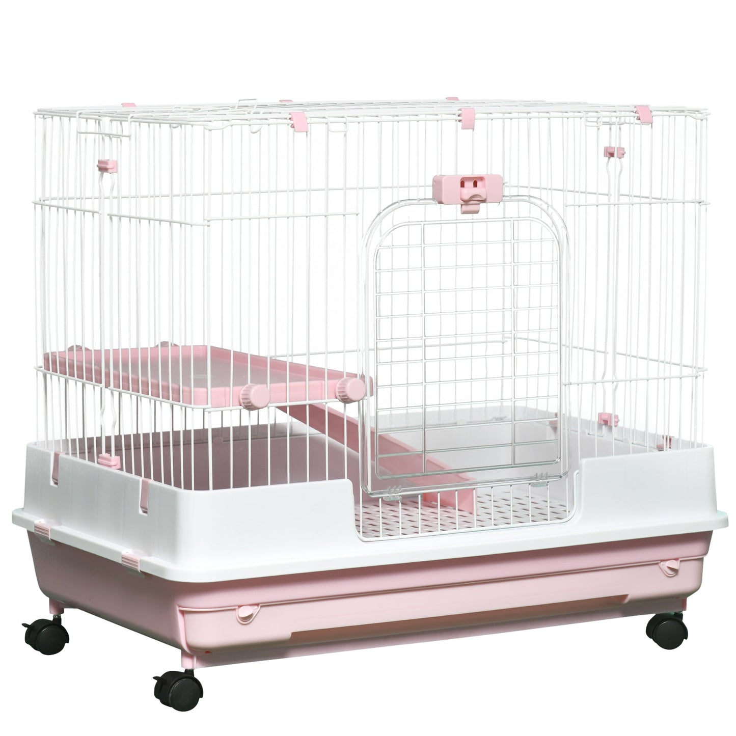 27"H 2-Level Small Animal Cage Rabbit Hutch with Universal Lockable Wheels, Slide-out Tray for Bunny, Chinchillas, Ferret, Pink