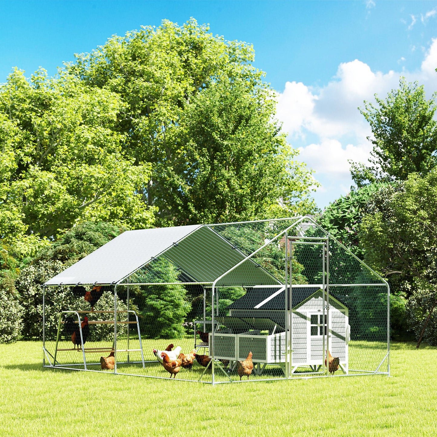 Large Metal Chicken Coop with Nesting Box, 9.8 x 13.1 x 6.4 ft Walk in Chicken Run for Yard with Waterproof Cover, Roosting Bars, for 12-18 Hens, Ducks, Rabbits, Poultries