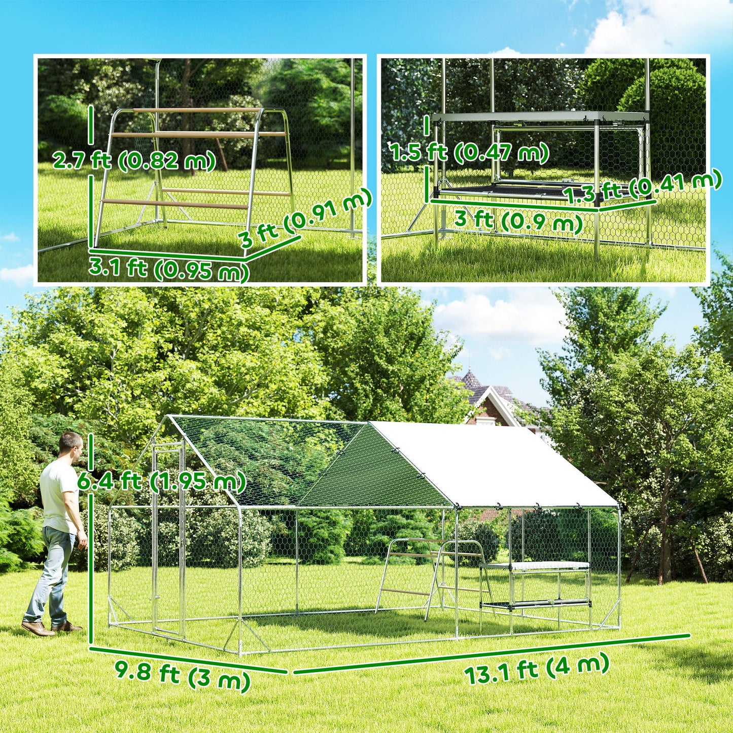 Large Metal Chicken Coop with Nesting Box, 9.8 x 13.1 x 6.4 ft Walk in Chicken Run for Yard with Waterproof Cover, Roosting Bars, for 12-18 Hens, Ducks, Rabbits, Poultries