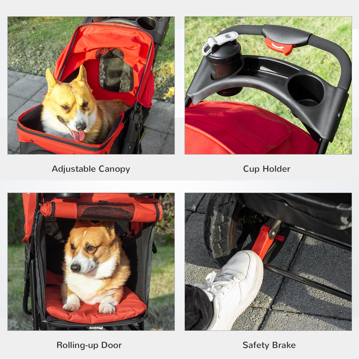 3 Wheel Dog Stroller, Folding Pet Stroller Jogger with Adjustable Canopy, Storage Basket, Mesh Window, Cupholder, for Small Dogs & Cats, Red