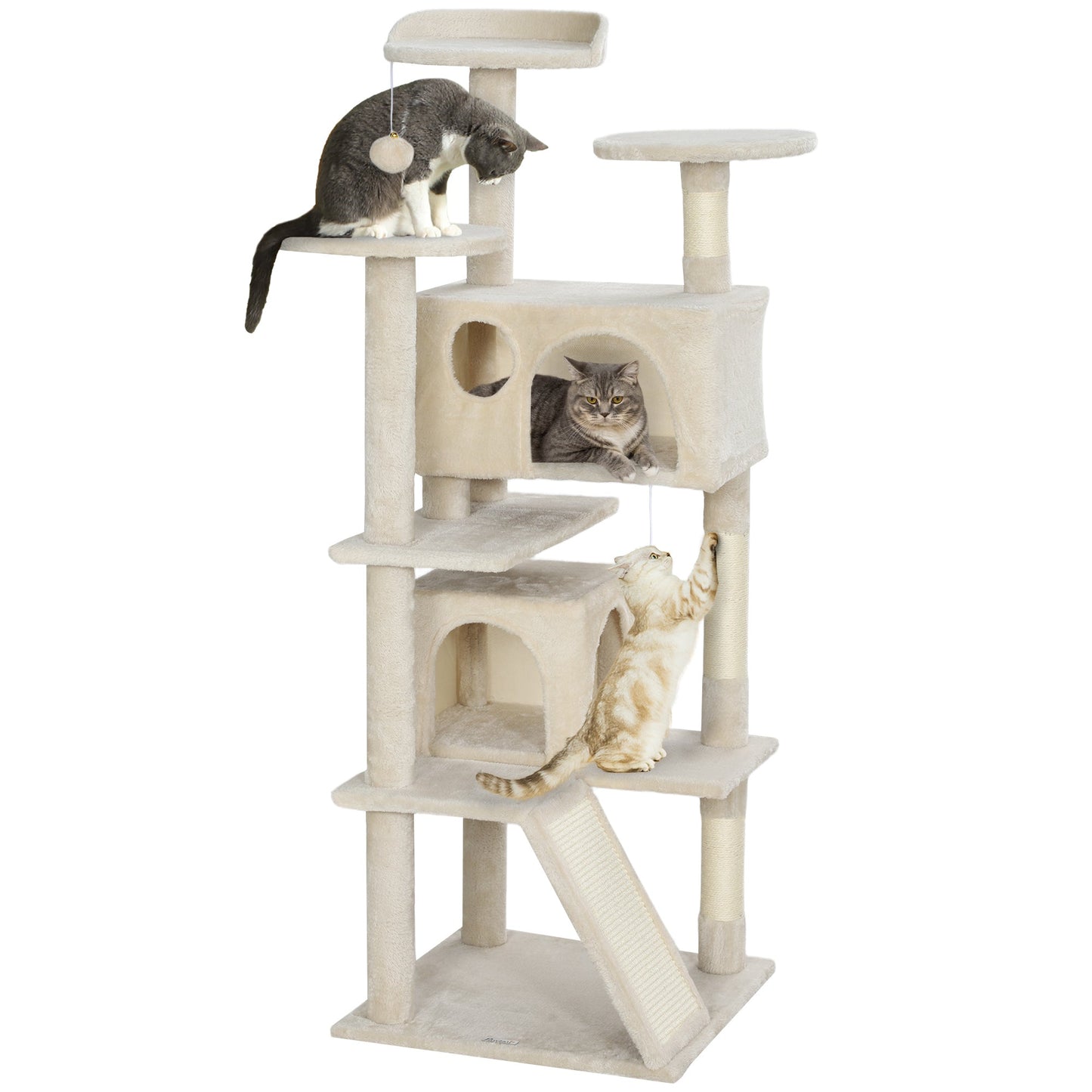 54" Cat Tree, Cat Tower for Indoor Cats with Scratching Posts, Cat Condos, Bed, Platforms, Ramp, Toy Ball, Cat Activity Center, Beige