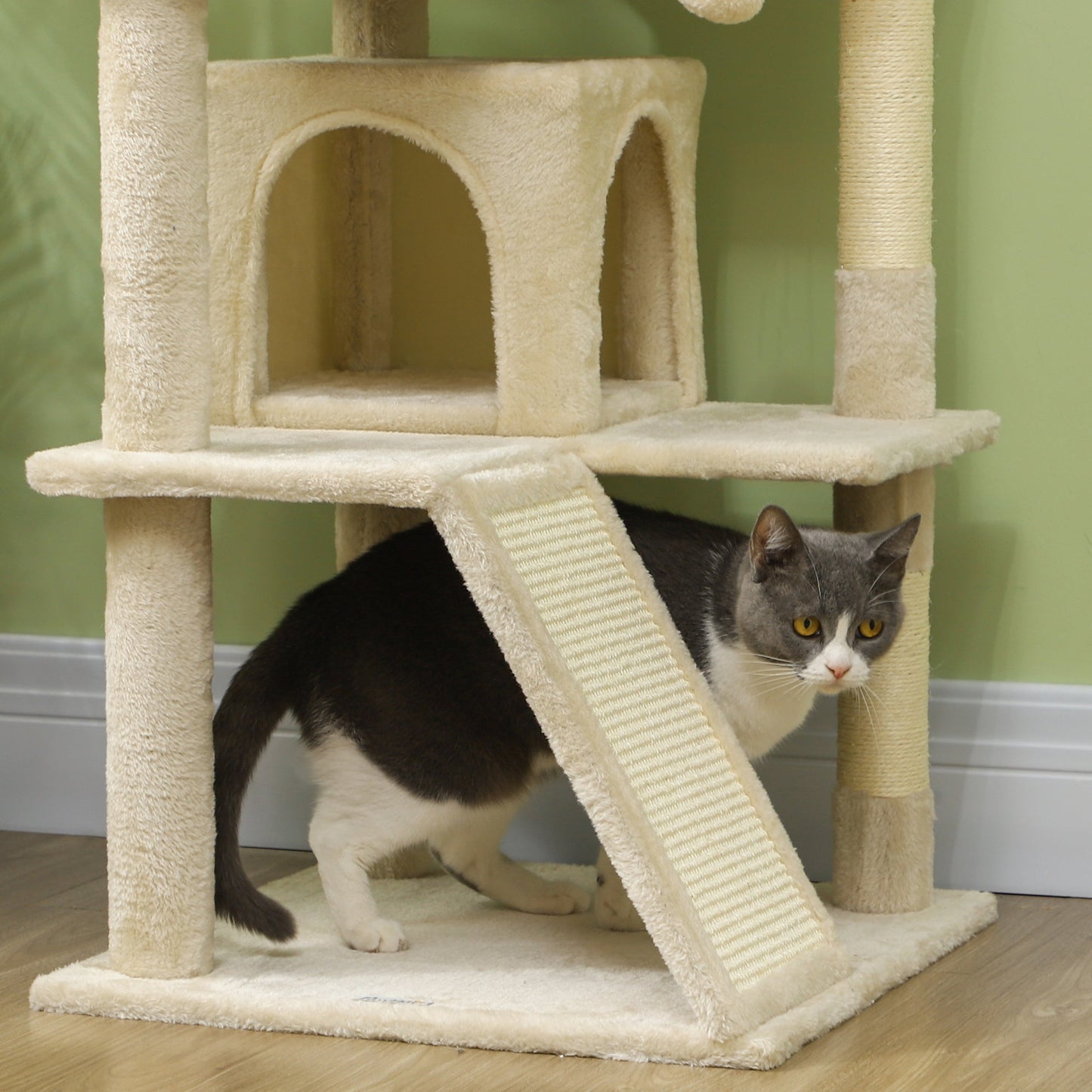 54" Cat Tree, Cat Tower for Indoor Cats with Scratching Posts, Cat Condos, Bed, Platforms, Ramp, Toy Ball, Cat Activity Center, Beige