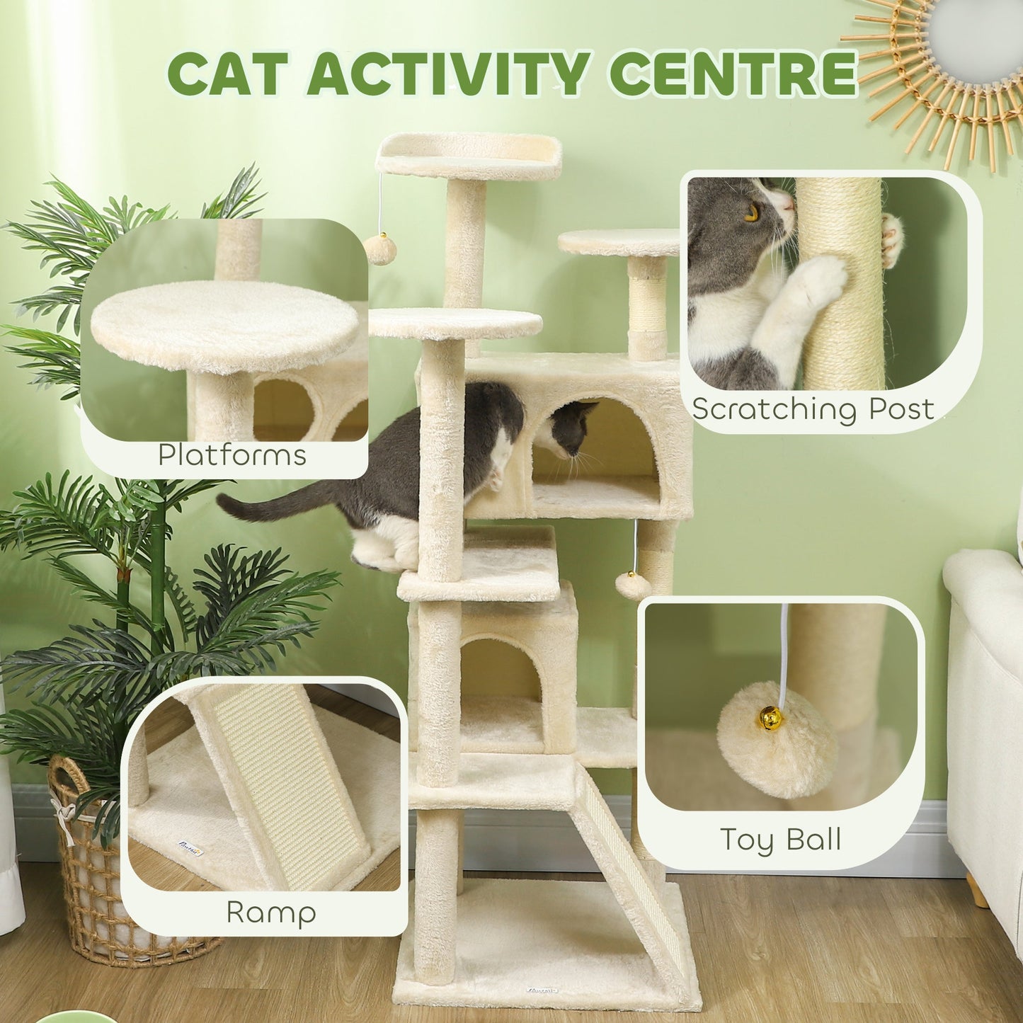 54" Cat Tree, Cat Tower for Indoor Cats with Scratching Posts, Cat Condos, Bed, Platforms, Ramp, Toy Ball, Cat Activity Center, Beige