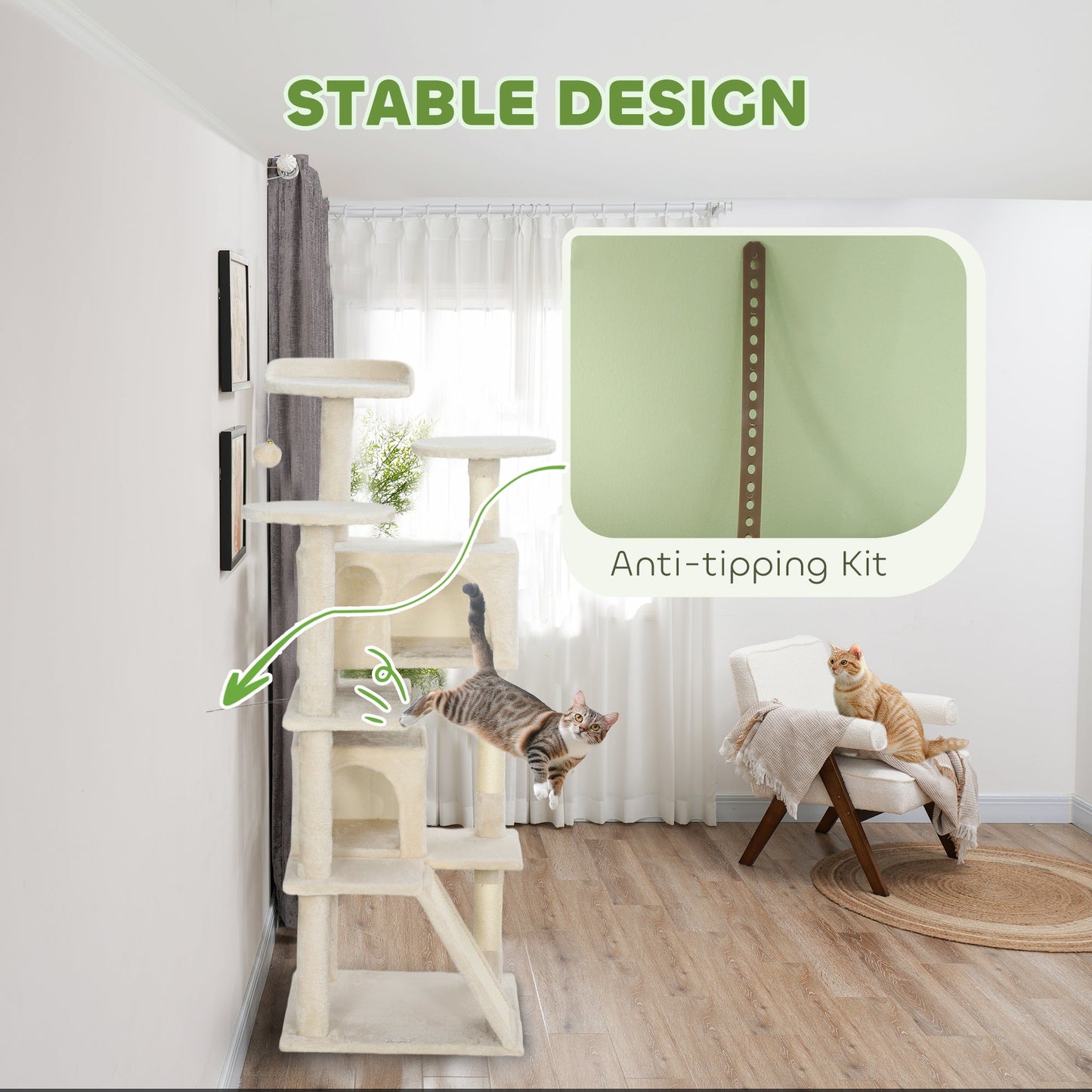 54" Cat Tree, Cat Tower for Indoor Cats with Scratching Posts, Cat Condos, Bed, Platforms, Ramp, Toy Ball, Cat Activity Center, Beige