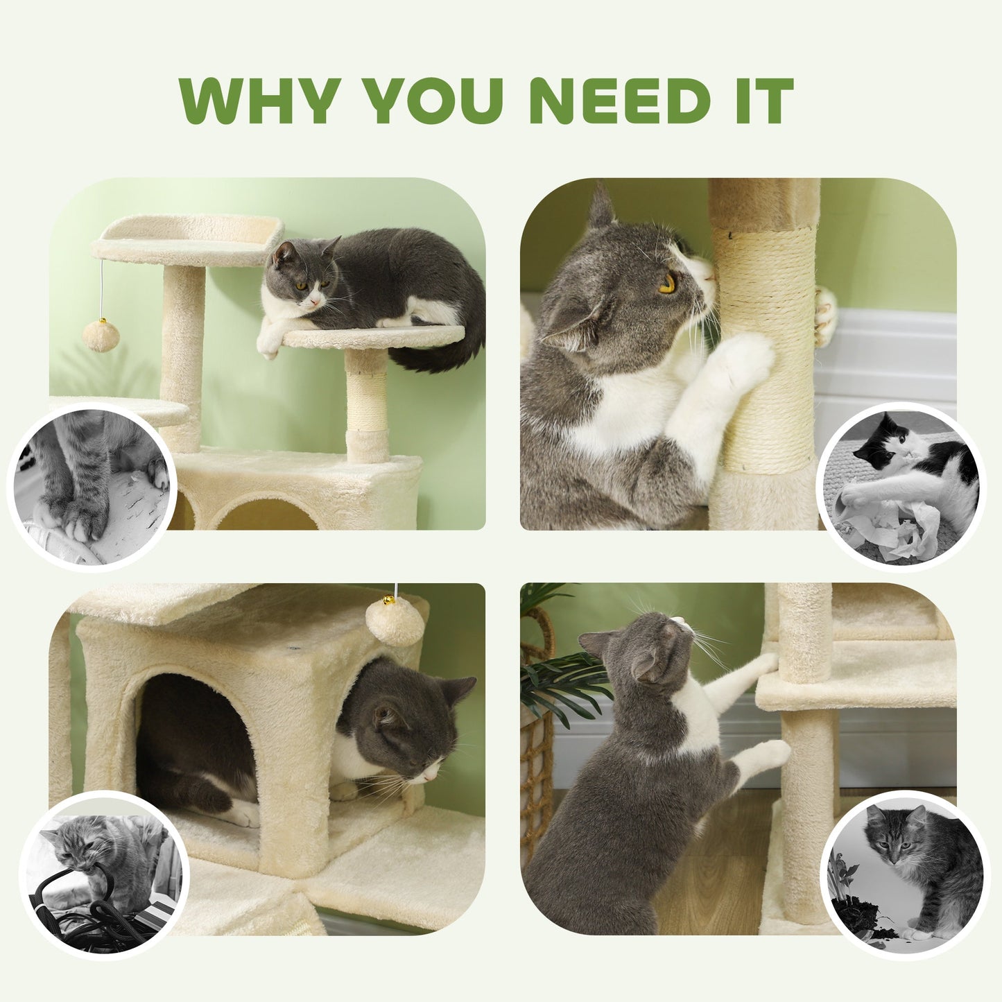 54" Cat Tree, Cat Tower for Indoor Cats with Scratching Posts, Cat Condos, Bed, Platforms, Ramp, Toy Ball, Cat Activity Center, Beige