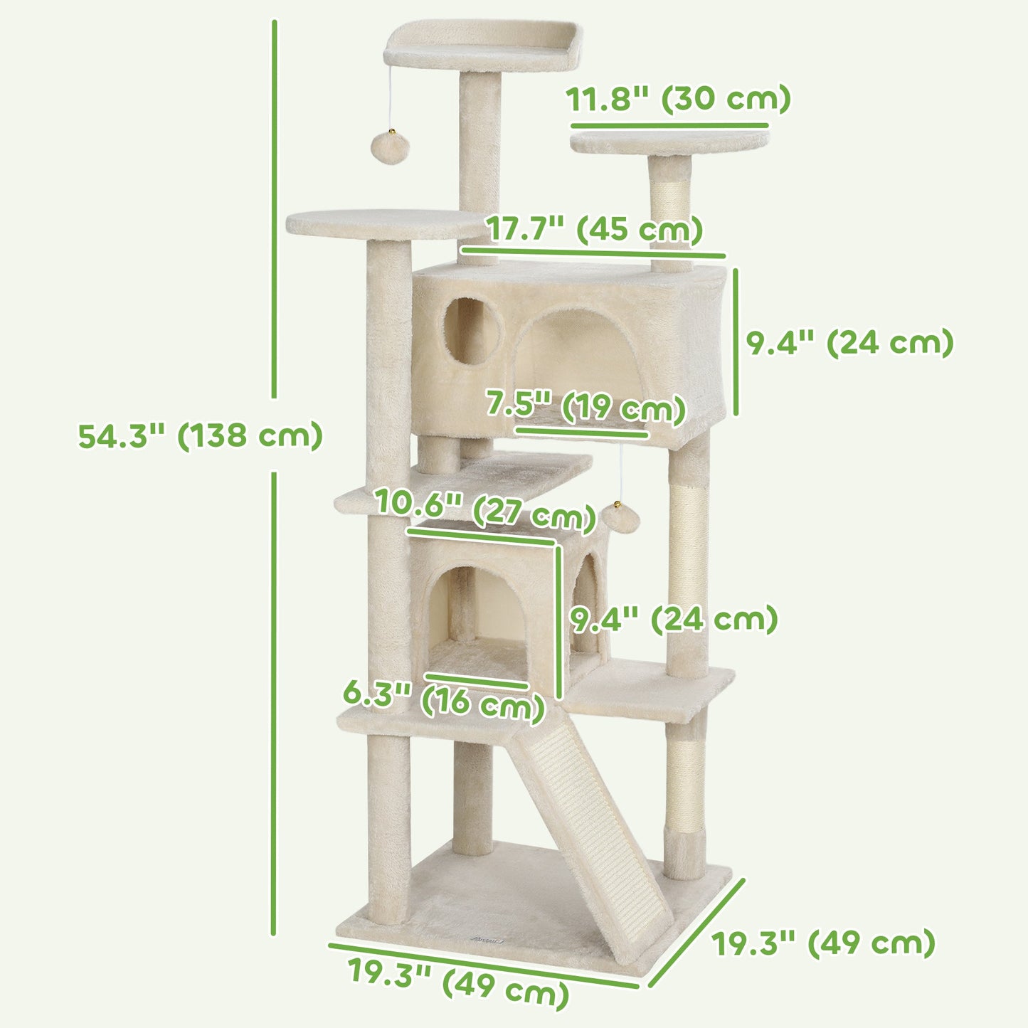 54" Cat Tree, Cat Tower for Indoor Cats with Scratching Posts, Cat Condos, Bed, Platforms, Ramp, Toy Ball, Cat Activity Center, Beige