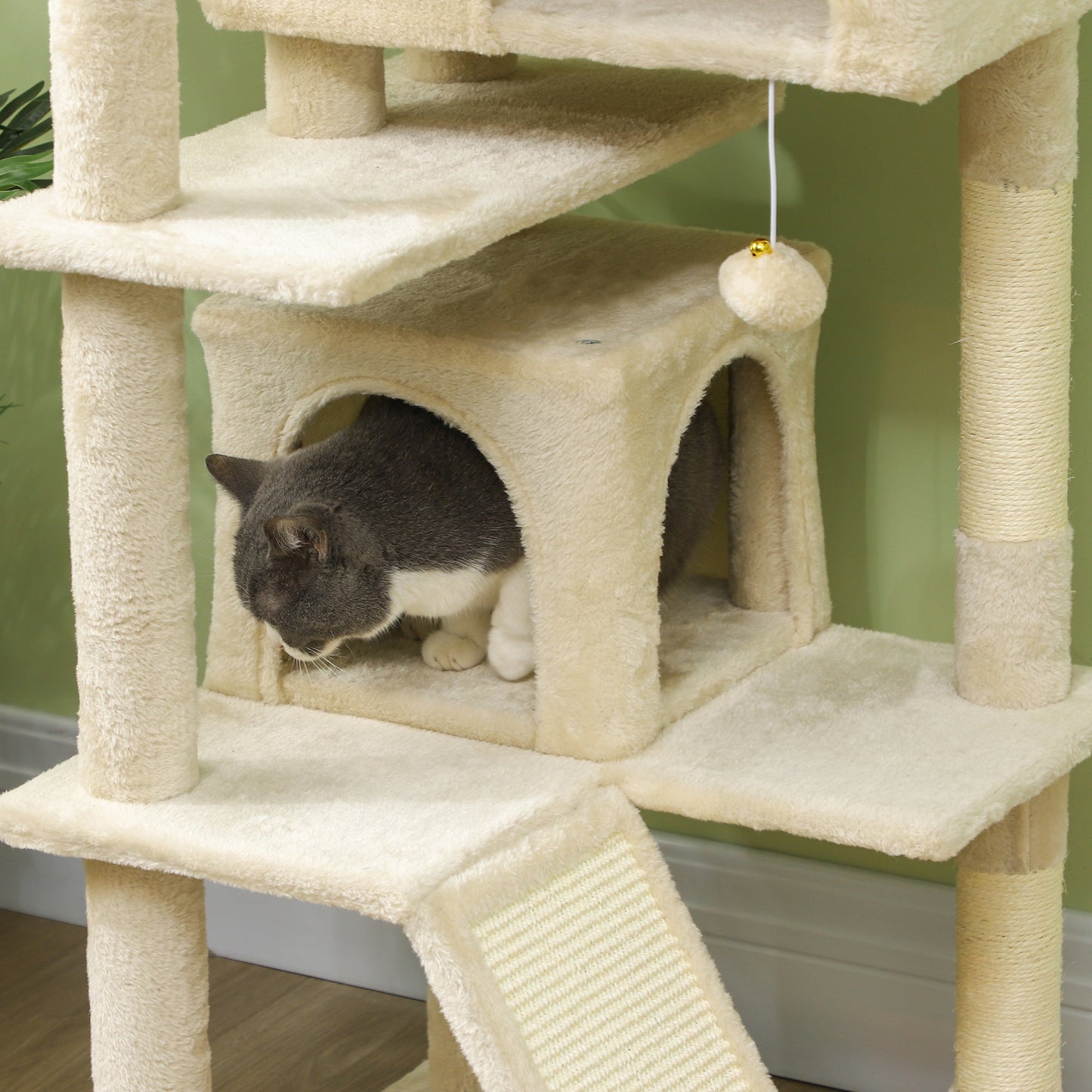54" Cat Tree, Cat Tower for Indoor Cats with Scratching Posts, Cat Condos, Bed, Platforms, Ramp, Toy Ball, Cat Activity Center, Beige