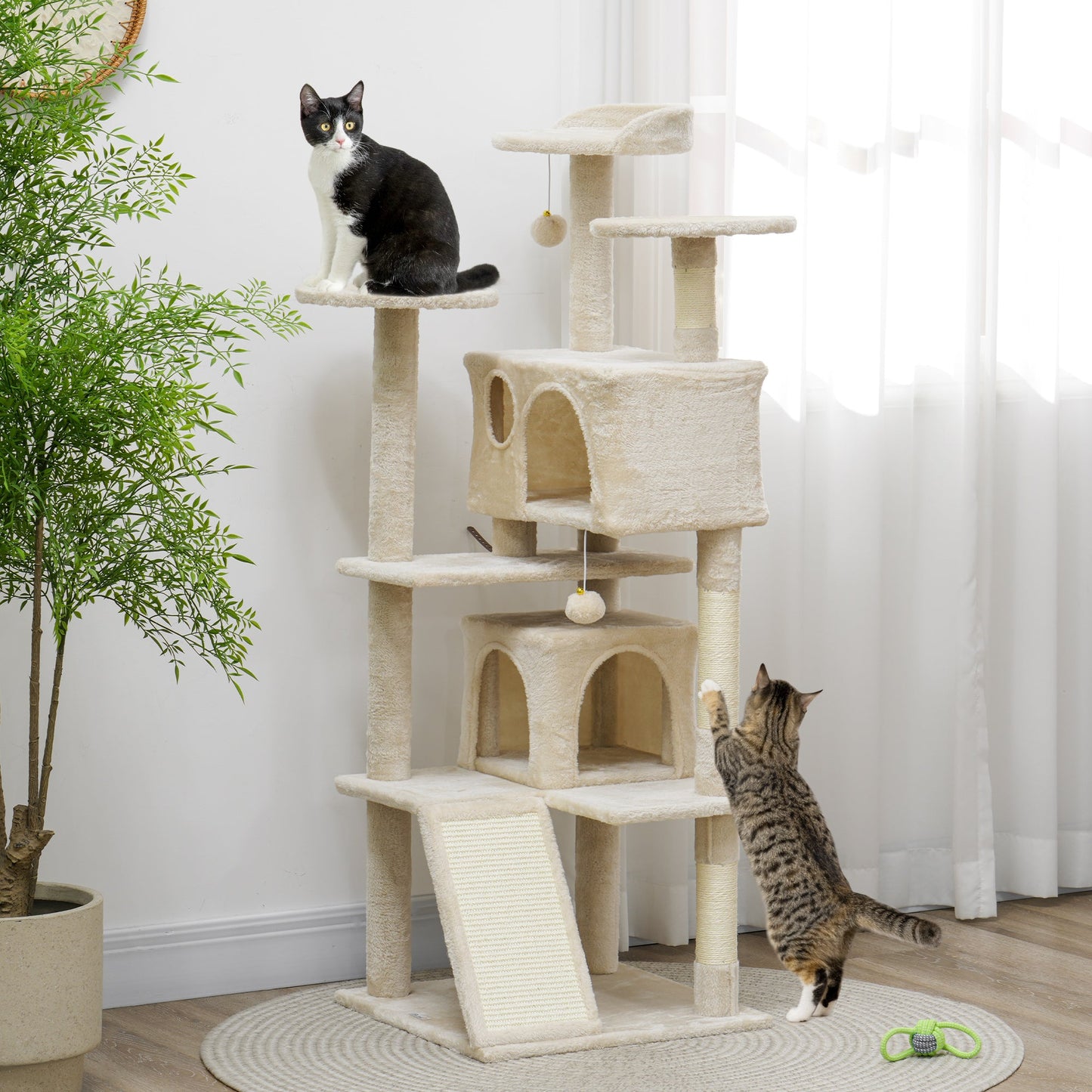 54" Cat Tree, Cat Tower for Indoor Cats with Scratching Posts, Cat Condos, Bed, Platforms, Ramp, Toy Ball, Cat Activity Center, Beige