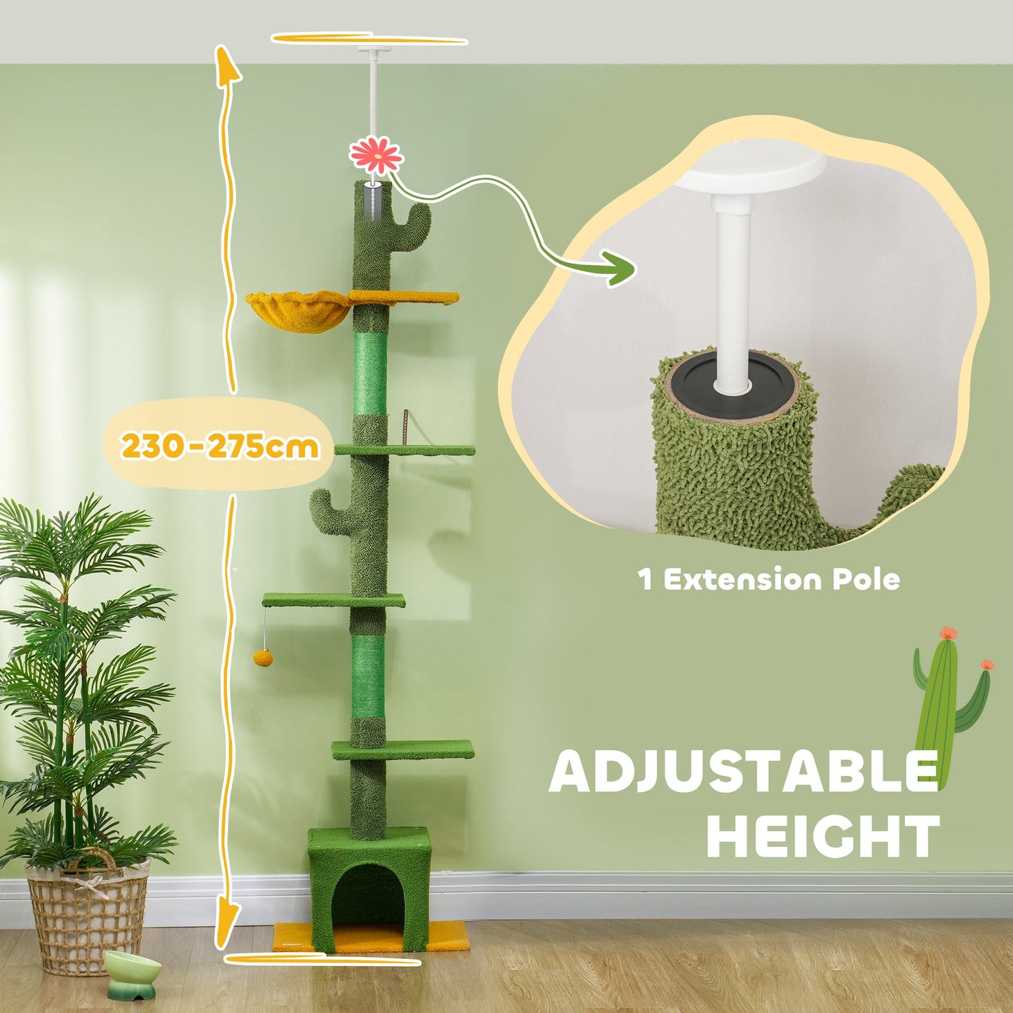 Floor to Ceiling Cat Tree, Cat Tower with 90.5"-108" Adjustable Height, 5 Tier Activity Centre with Scratching Posts, Hammock, Condo, Toy Ball for Indoor Cats, Green