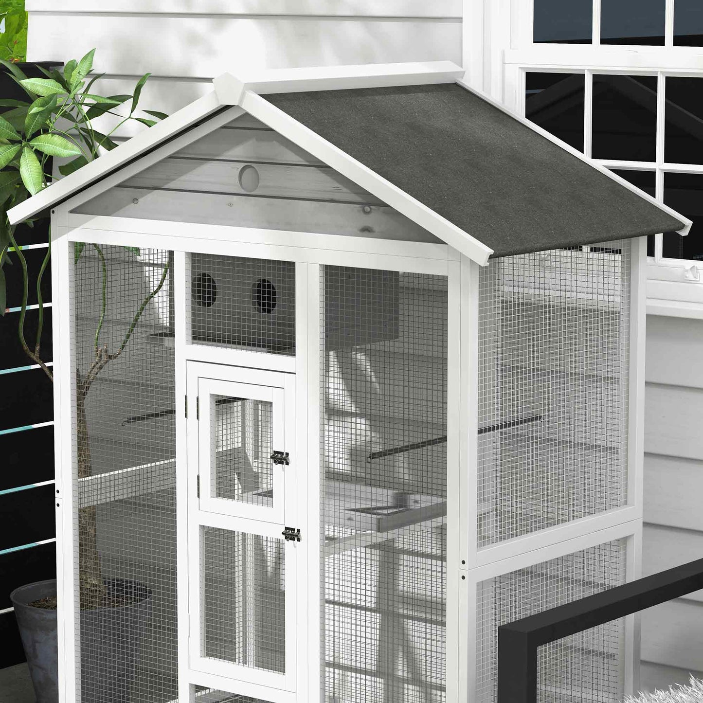 65" Bird Cage Large Wooden Aviary for Canary with Standing Pole Nest Slide-out Tray, for Indoor Outdoor, Grey