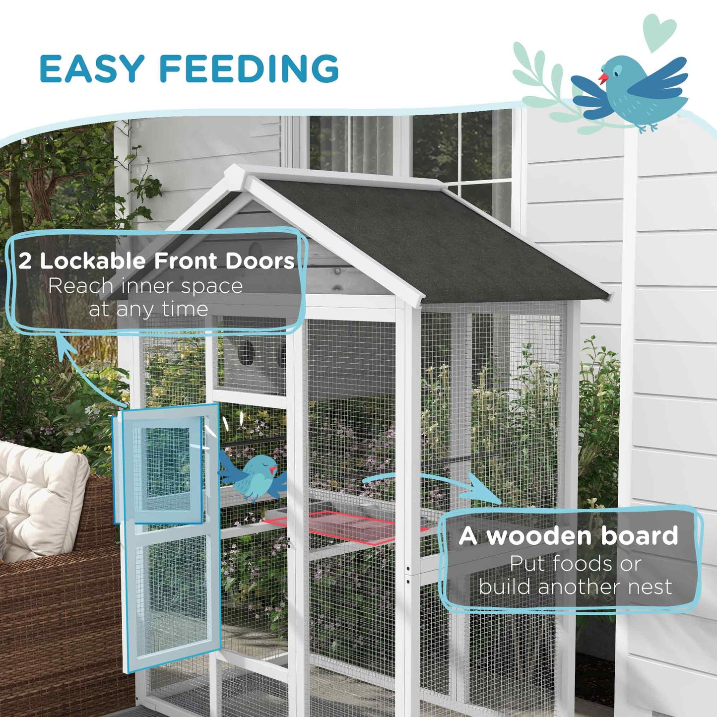 65" Bird Cage Large Wooden Aviary for Canary with Standing Pole Nest Slide-out Tray, for Indoor Outdoor, Grey