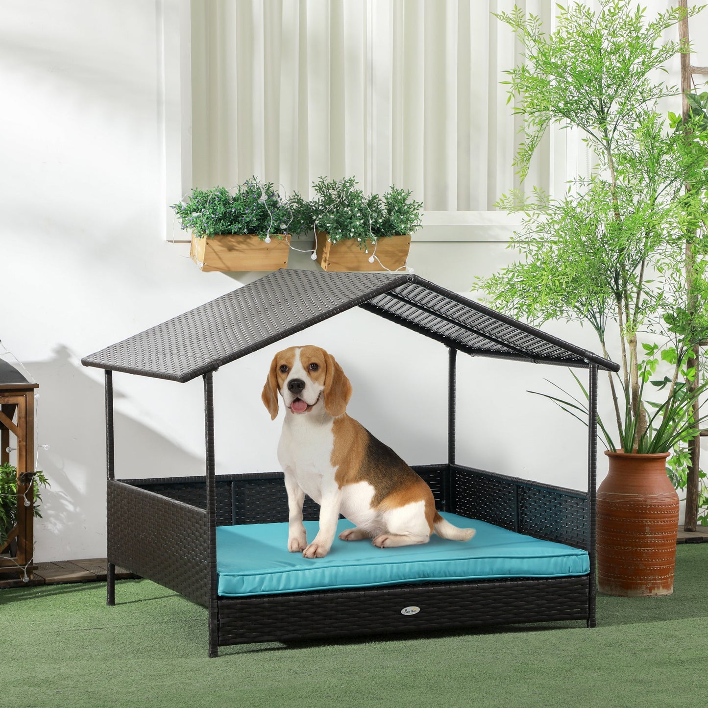 Rattan Dog House Outdoor with Shade Canopy, Elevated Wicker Dog Bed with Soft Cushion Washable Cover, for Medium Large Dogs, Blue